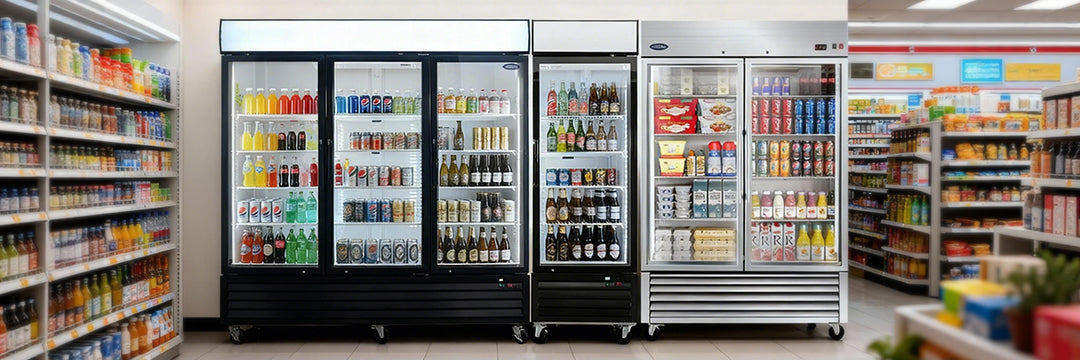 Commercial glass door display coolers stocked with beverages and food in a grocery store aisle.