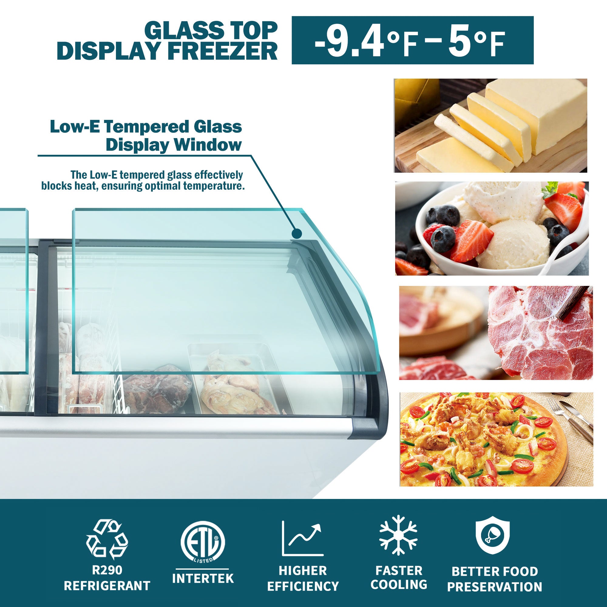 71″ Commercial Ice Cream Display Freezer – Curved Glass Top, 19.3 Cu Ft