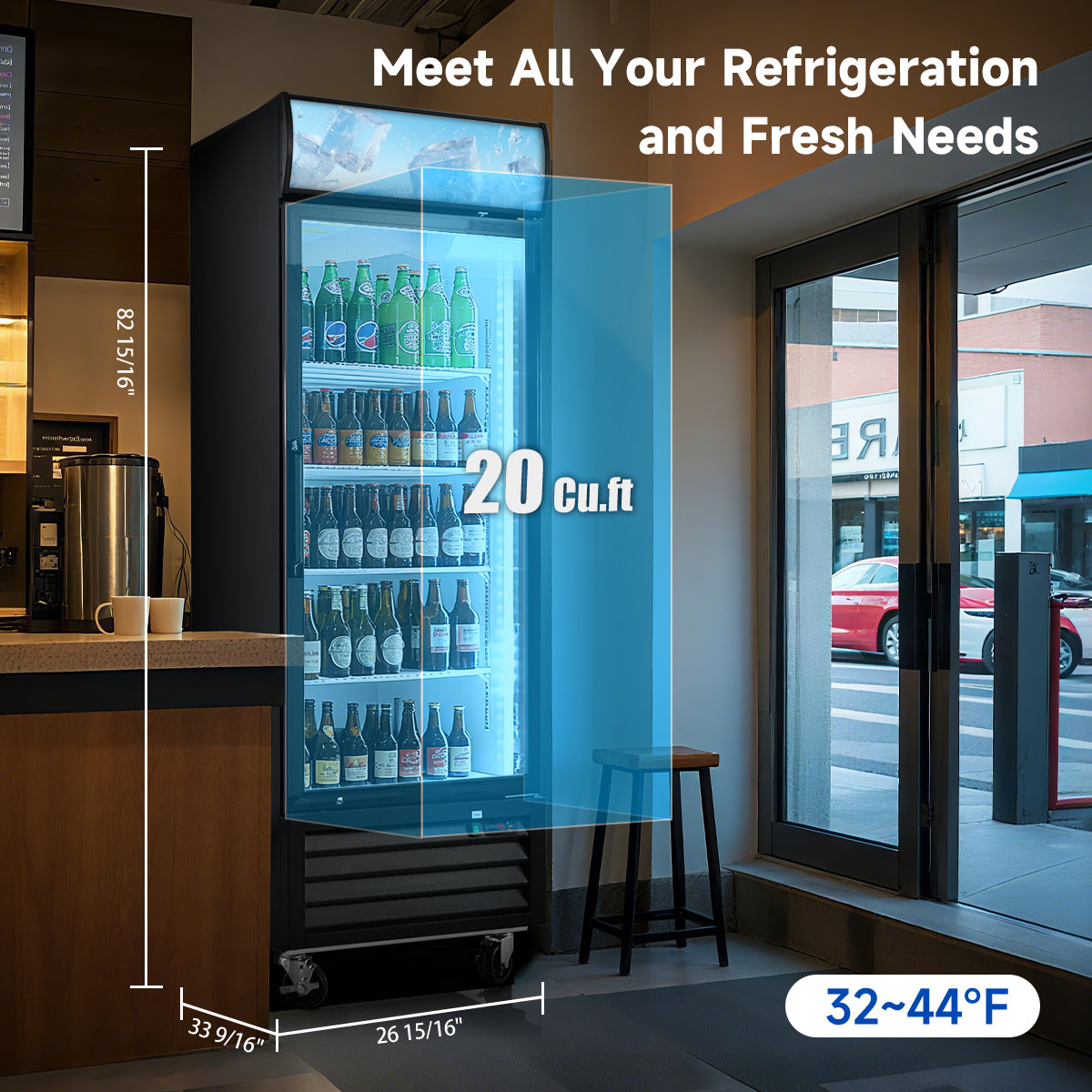 20 Cu.Ft glass door refrigerator showing interior space, dimensions, and temperature range 32–44°F.