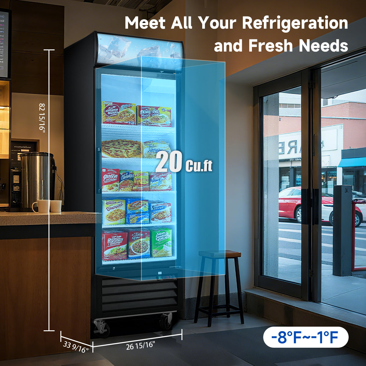 20 Cu.Ft glass door refrigerator showing interior space, dimensions, and temperature range 32–44°F.