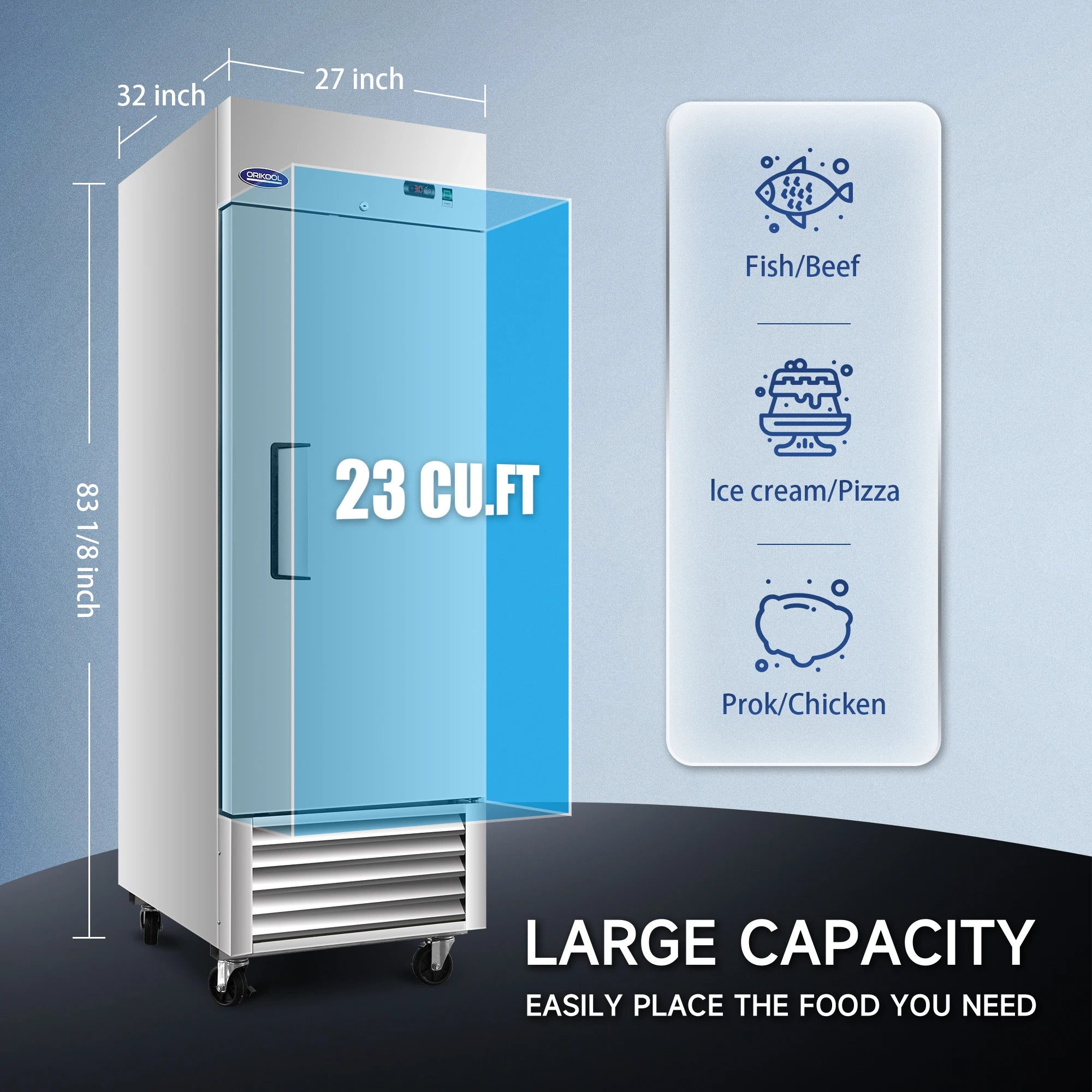 cubic feet commercial freezer showing internal capacity and external dimensions for kitchen storage.