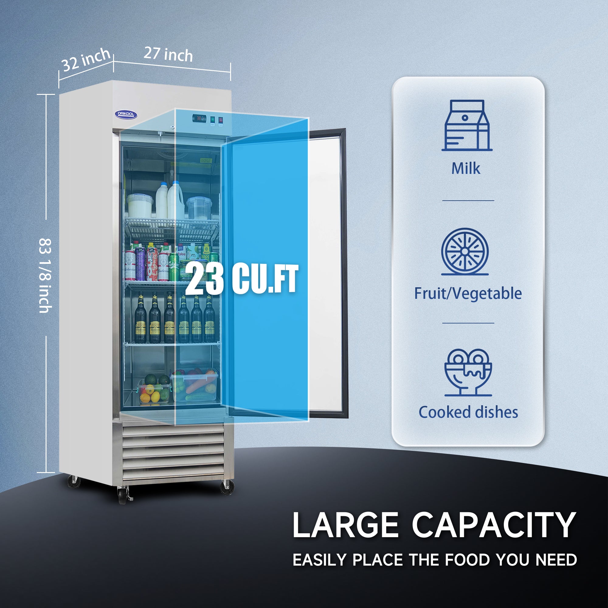 23 Cu.Ft large-capacity single door commercial refrigerator for milk, vegetables, and cooked food.