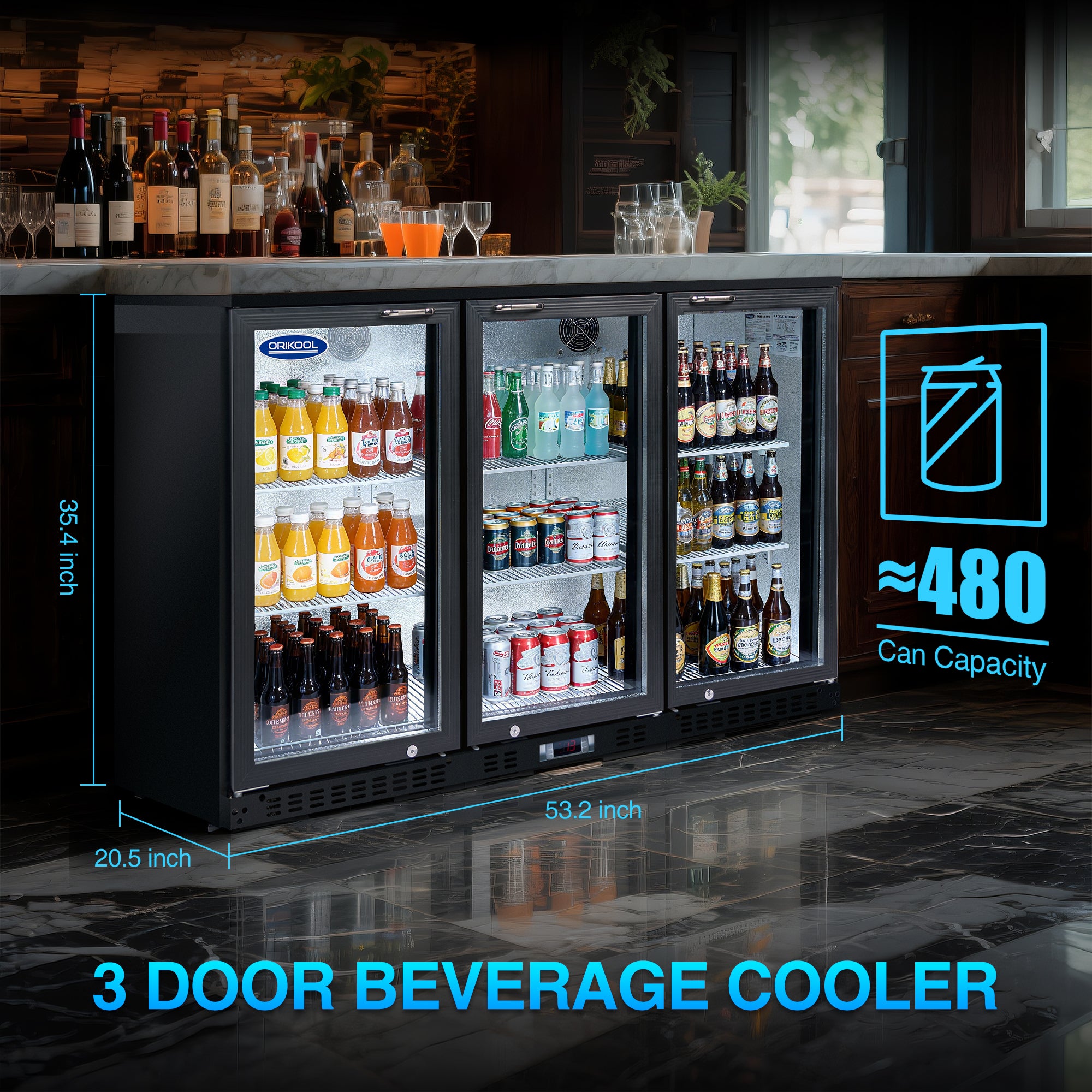 Commercial beverage cooler with size dimensions and 480-can capacity highlighted in a bar setting.