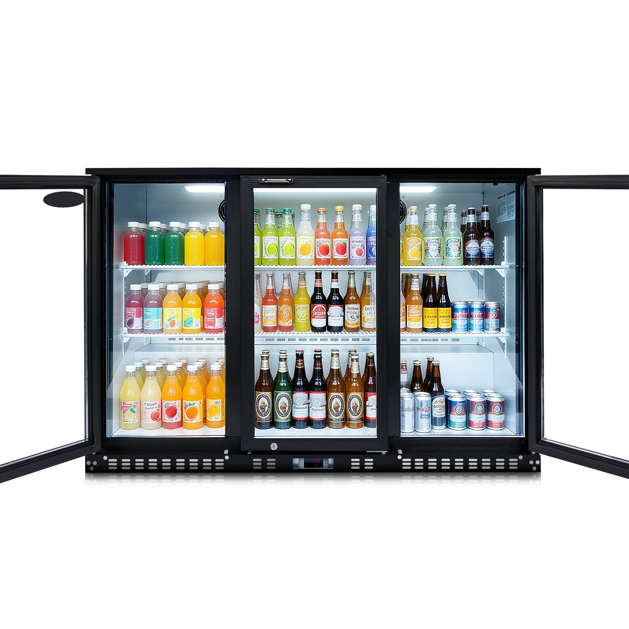 Three-door beverage cooler with both side doors open, showing organized shelves of drinks.