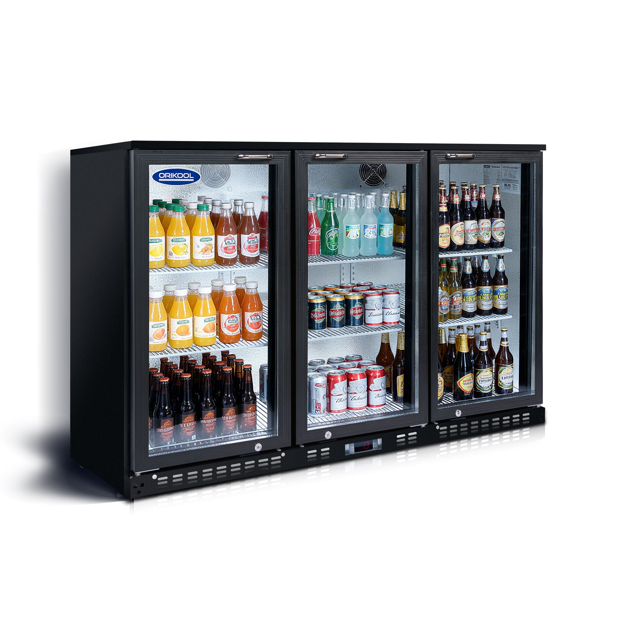 Three-door beverage cooler with glass doors, fully stocked with bottled juices, sodas, and beer.