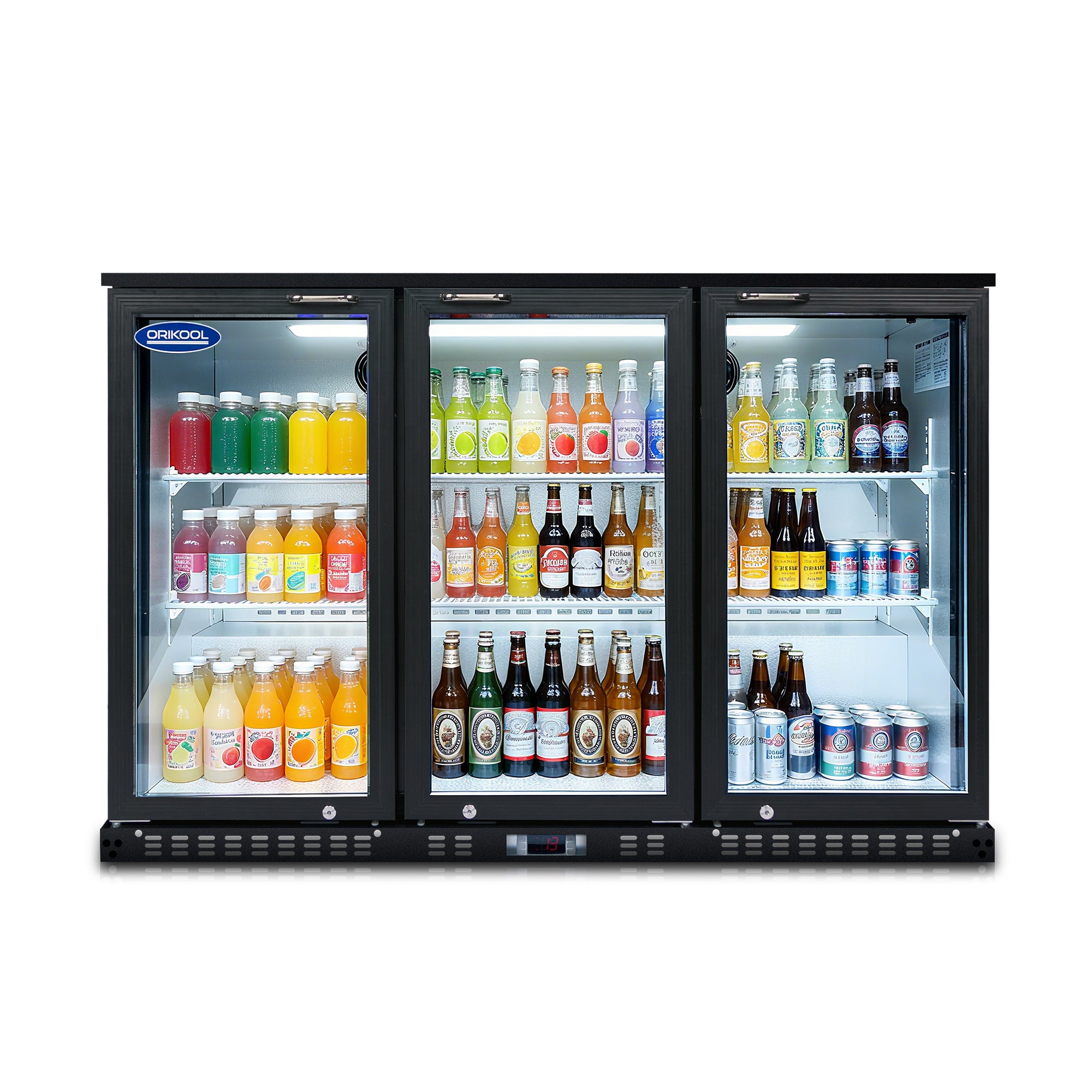 Front view of a commercial three-door beverage cooler filled with assorted drinks and glass bottles.
