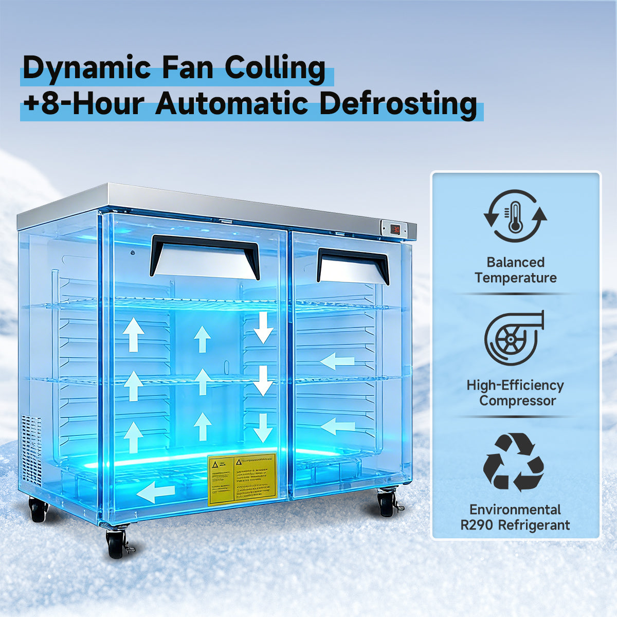 48″ Commercial Undercounter Worktop Freezer, 14 Cu Ft, 2 Doors