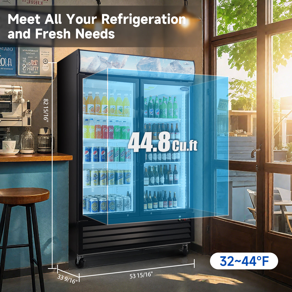 44.8 Cu.Ft double door refrigerator showing internal capacity, dimensions, and temperature range 32–44°F.