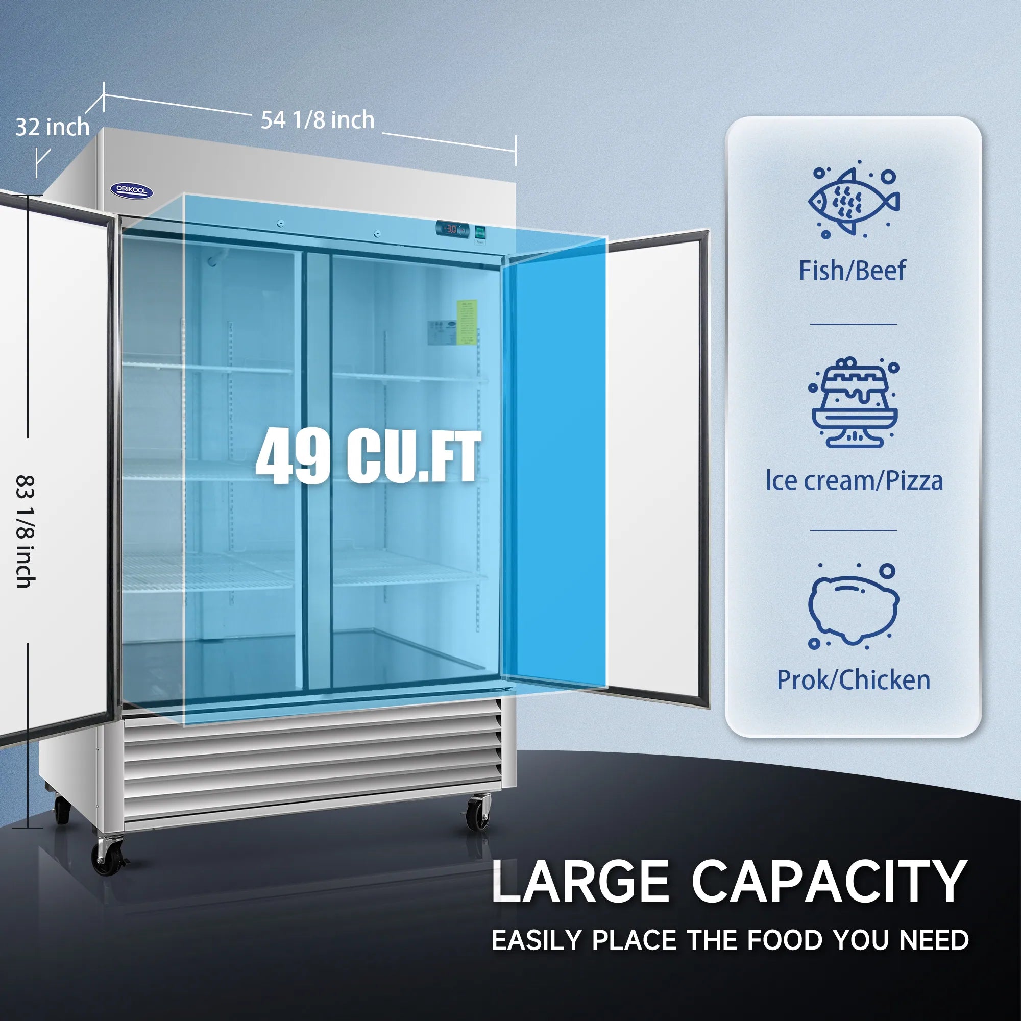 49 cubic feet large-capacity reach-in freezer for commercial kitchens, showing spacious storage interior.