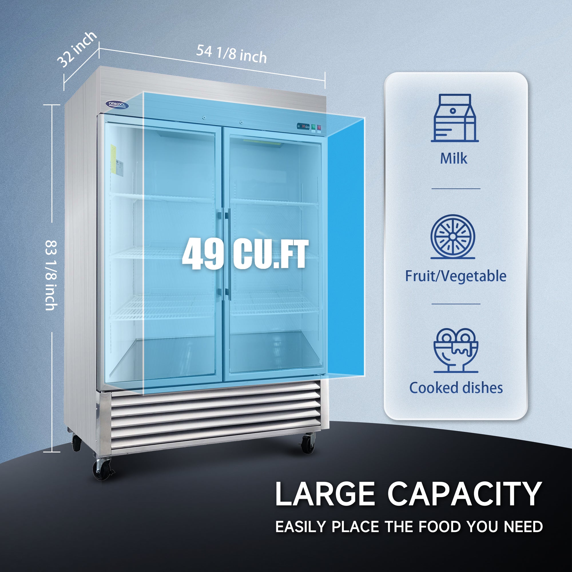 49 Cu.Ft large-capacity double door commercial refrigerator for milk, vegetables, and cooked food.