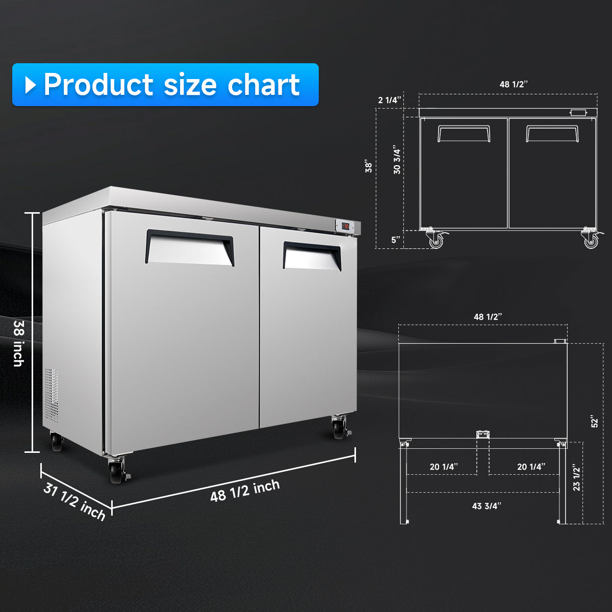 48″ Commercial Undercounter Worktop Freezer, 14 Cu Ft, 2 Doors