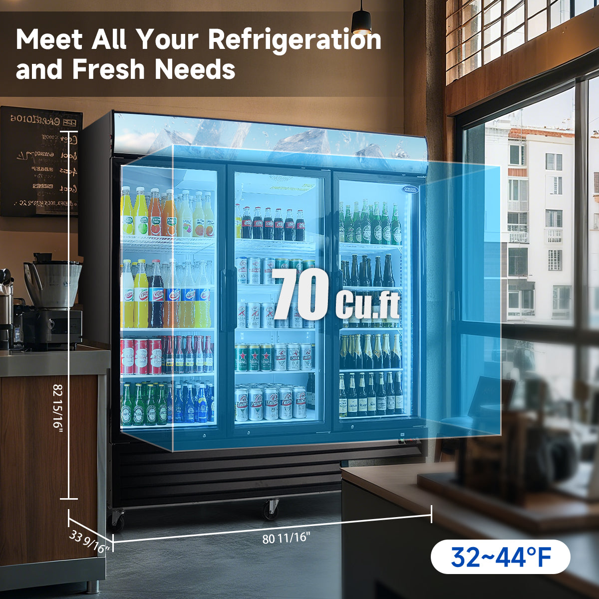 70 Cu.Ft triple-door refrigerator with 32–44°F temperature range and internal dimensions shown.
