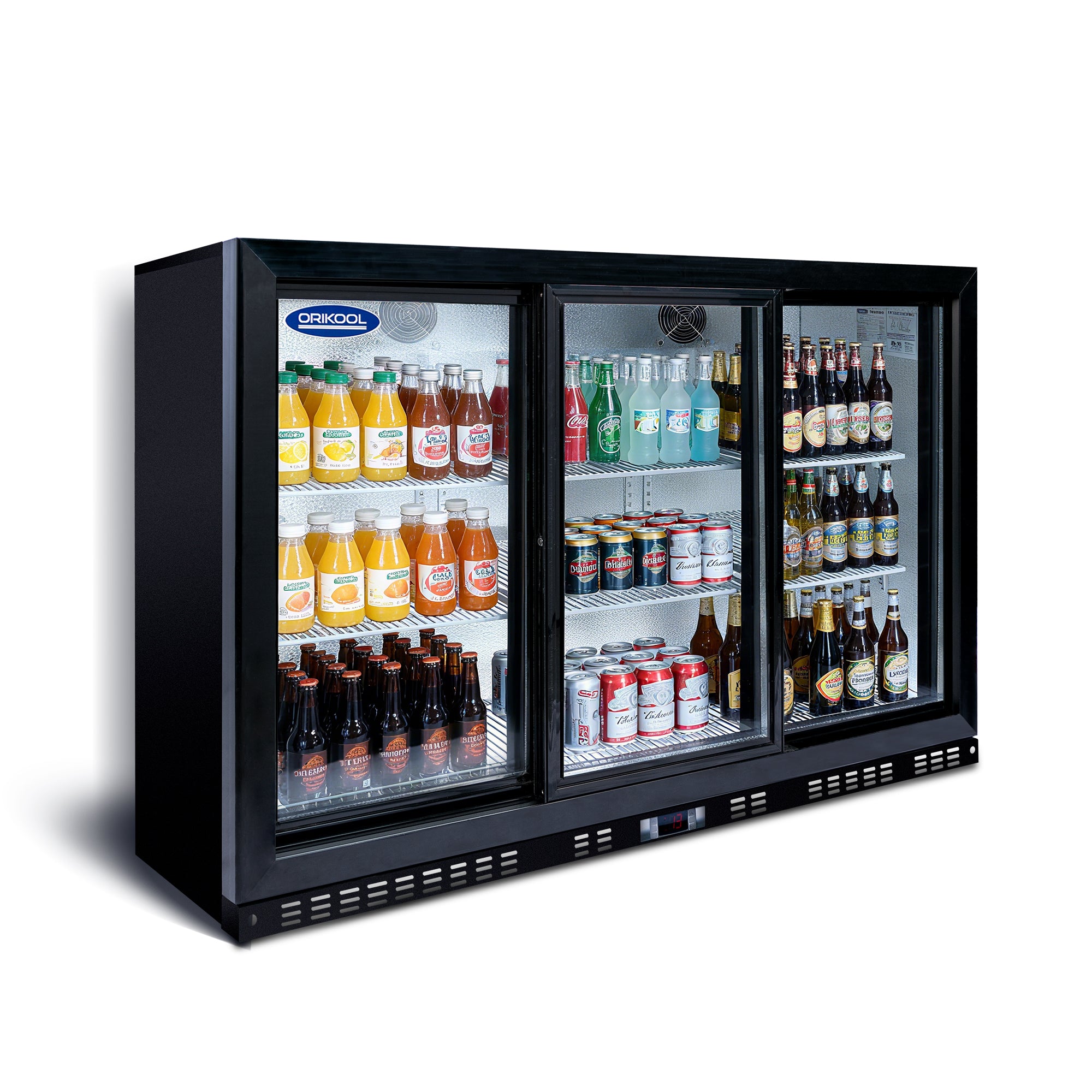 Left-angle front perspective of a three-door beverage cooler showcasing fully stocked shelves.