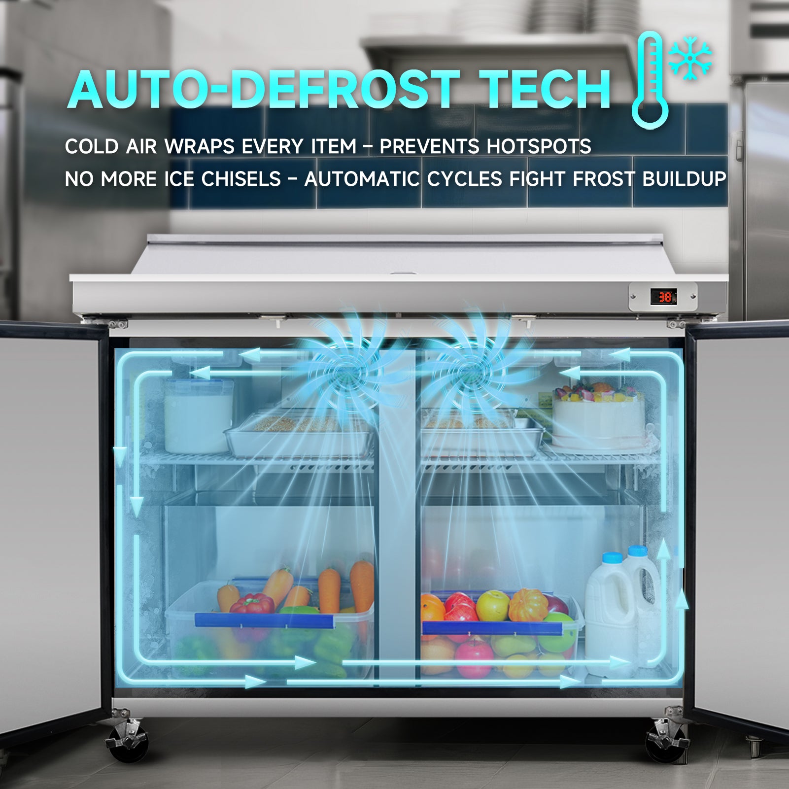 Auto-defrost technology with dual air circulation ensures even cooling and prevents frost buildup.