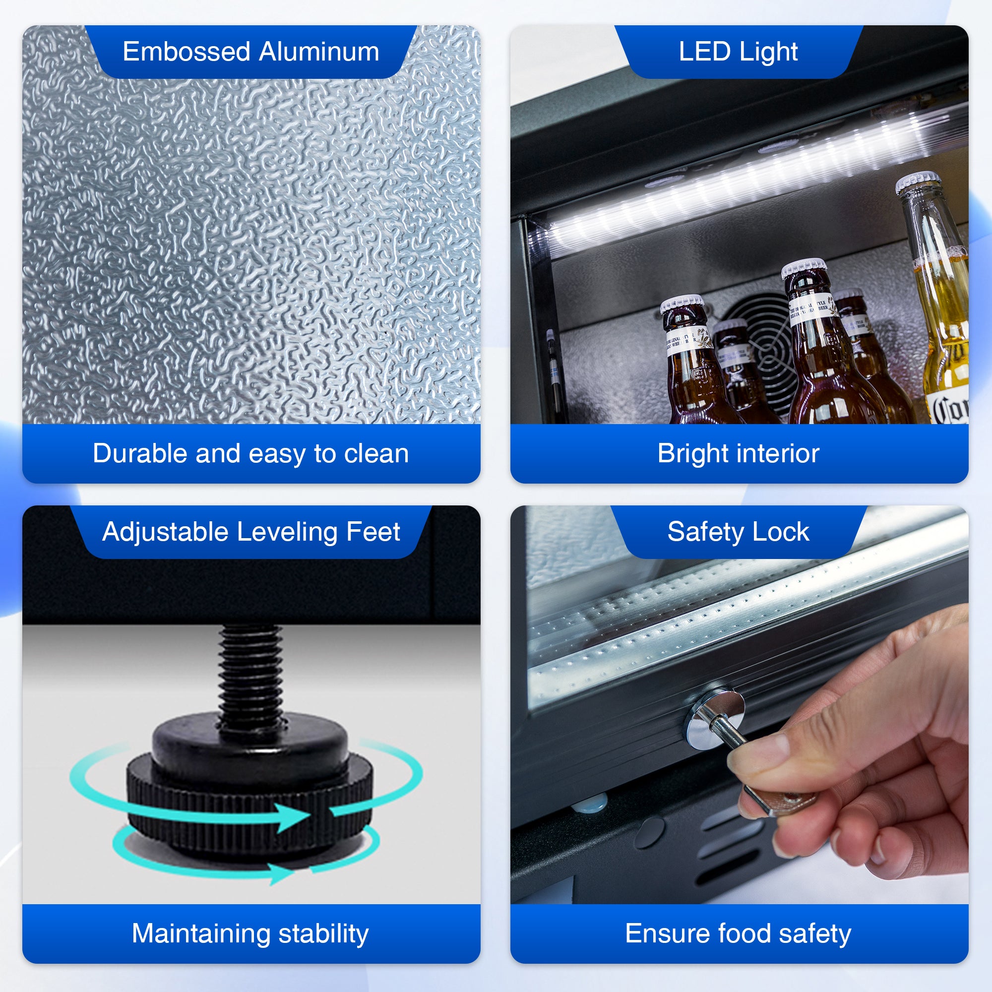 Detailed components of a beverage cooler including LED light, safety lock, leveling feet, and aluminum interior.