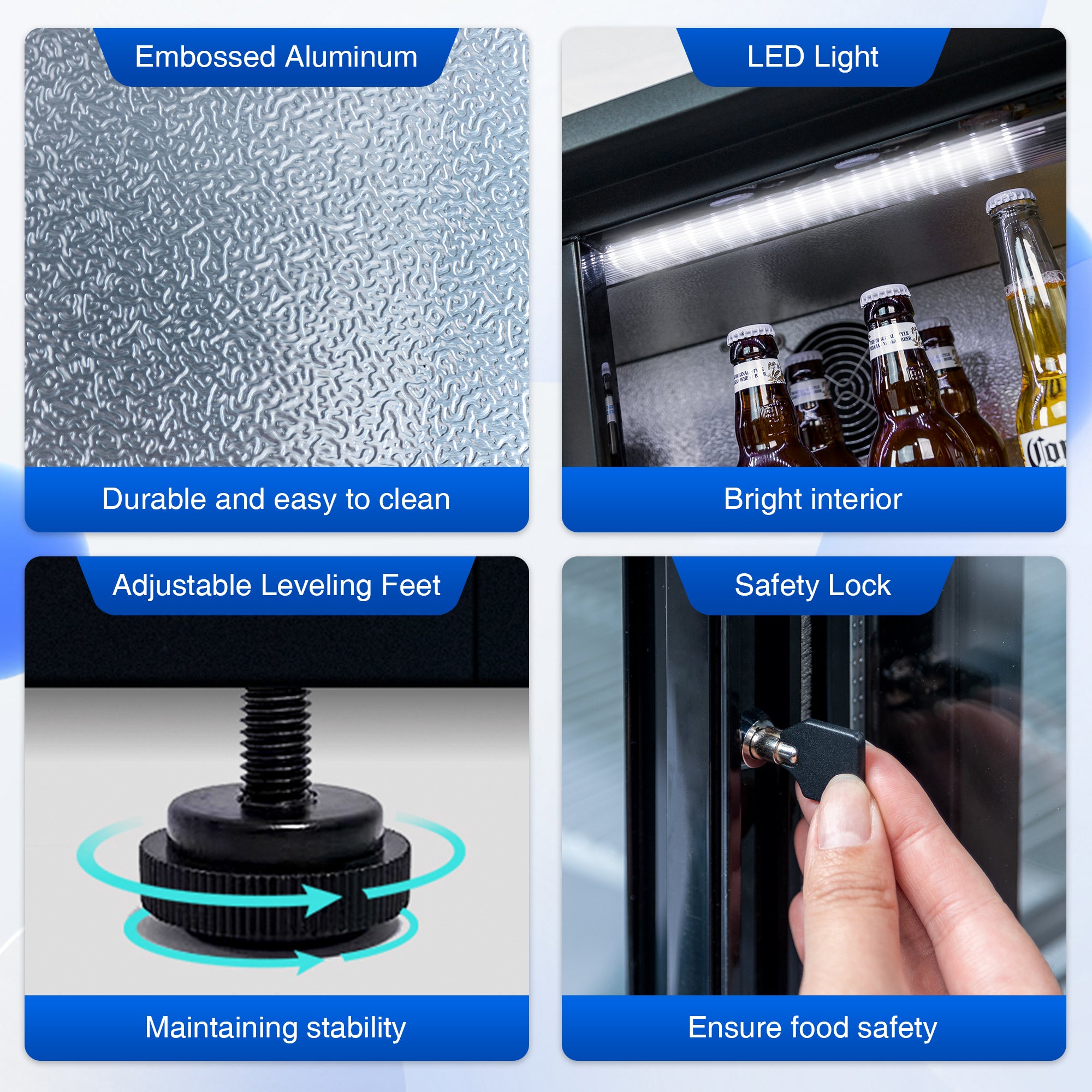 Detail images showing embossed aluminum interior, LED lighting, adjustable leveling feet, and safety lock of a beverage cooler.