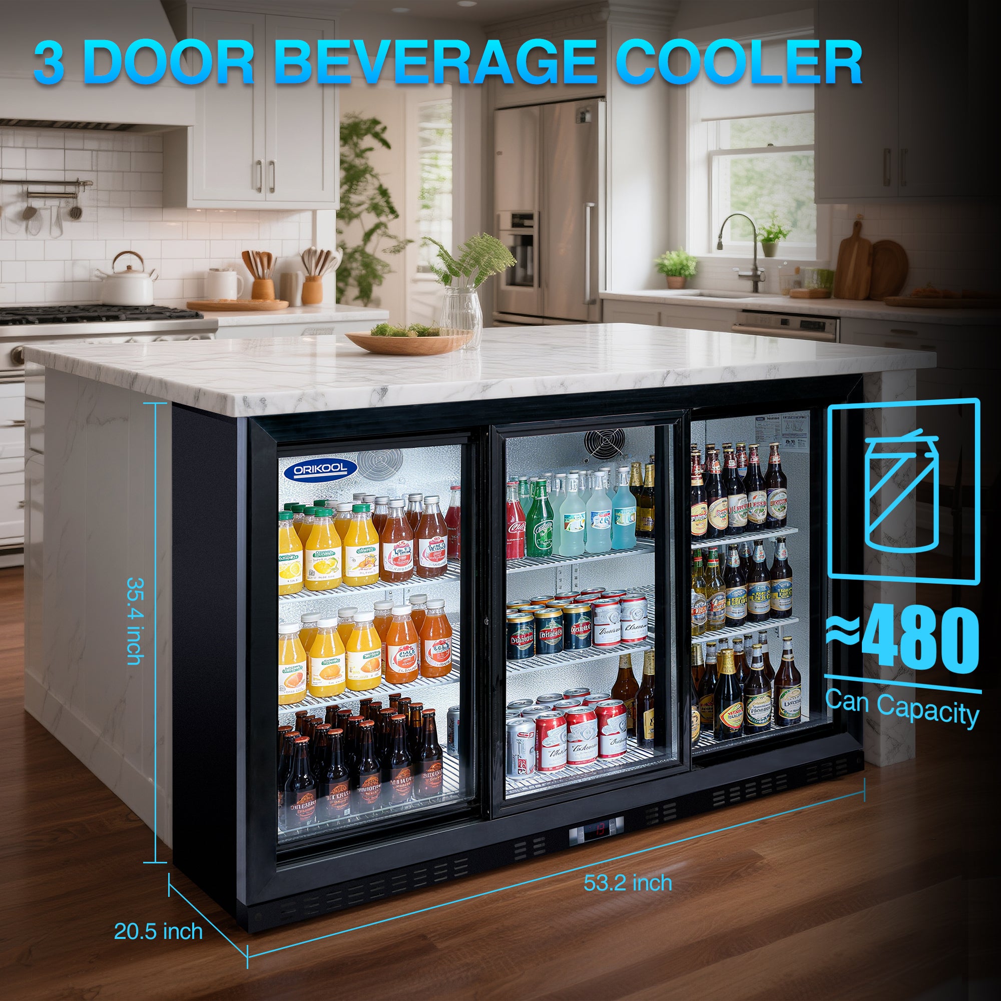 Built-in three-door beverage cooler under a kitchen island, showing size dimensions and 480-can capacity.