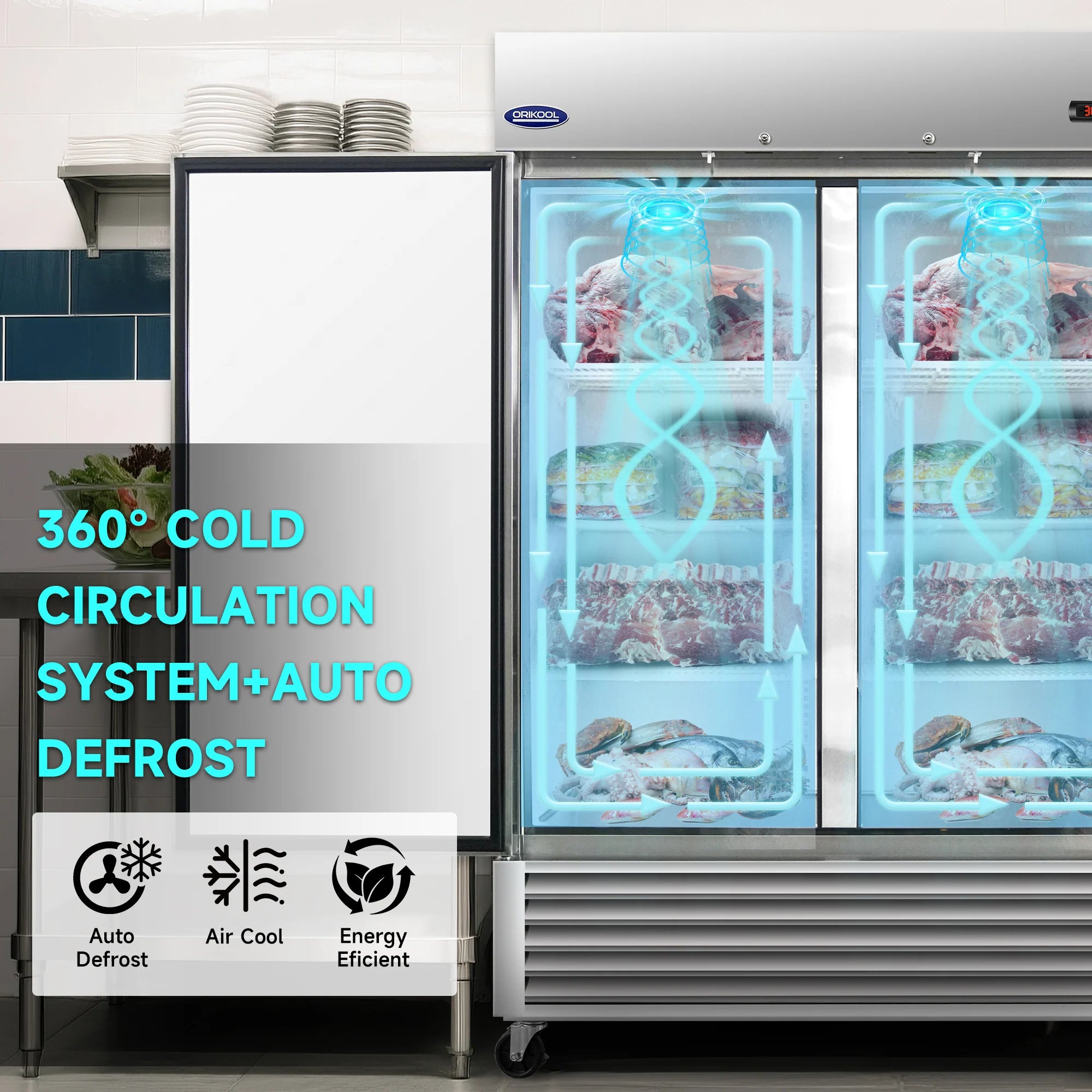 Commercial freezer with 360-degree cold air circulation and automatic defrost system for even cooling
