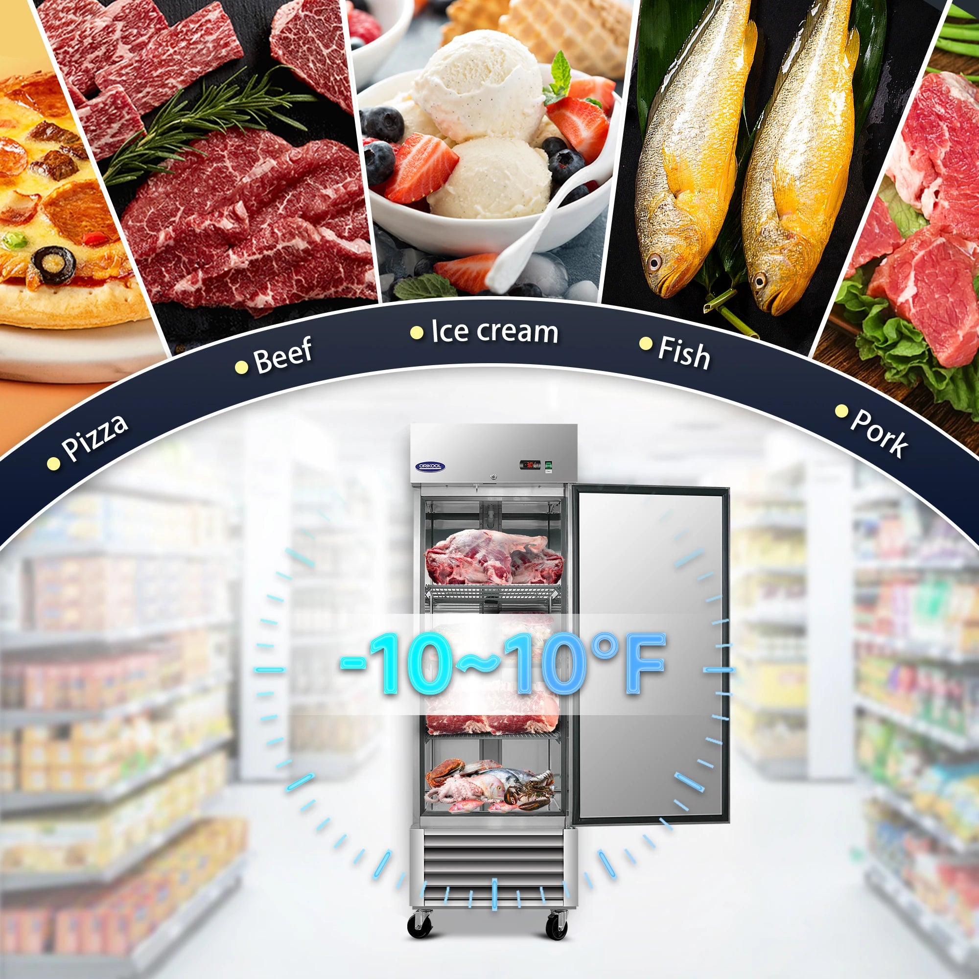 commercial freezer displaying temperature range from minus 10 to 10 degrees Fahrenheit, suitable for meat and desserts.