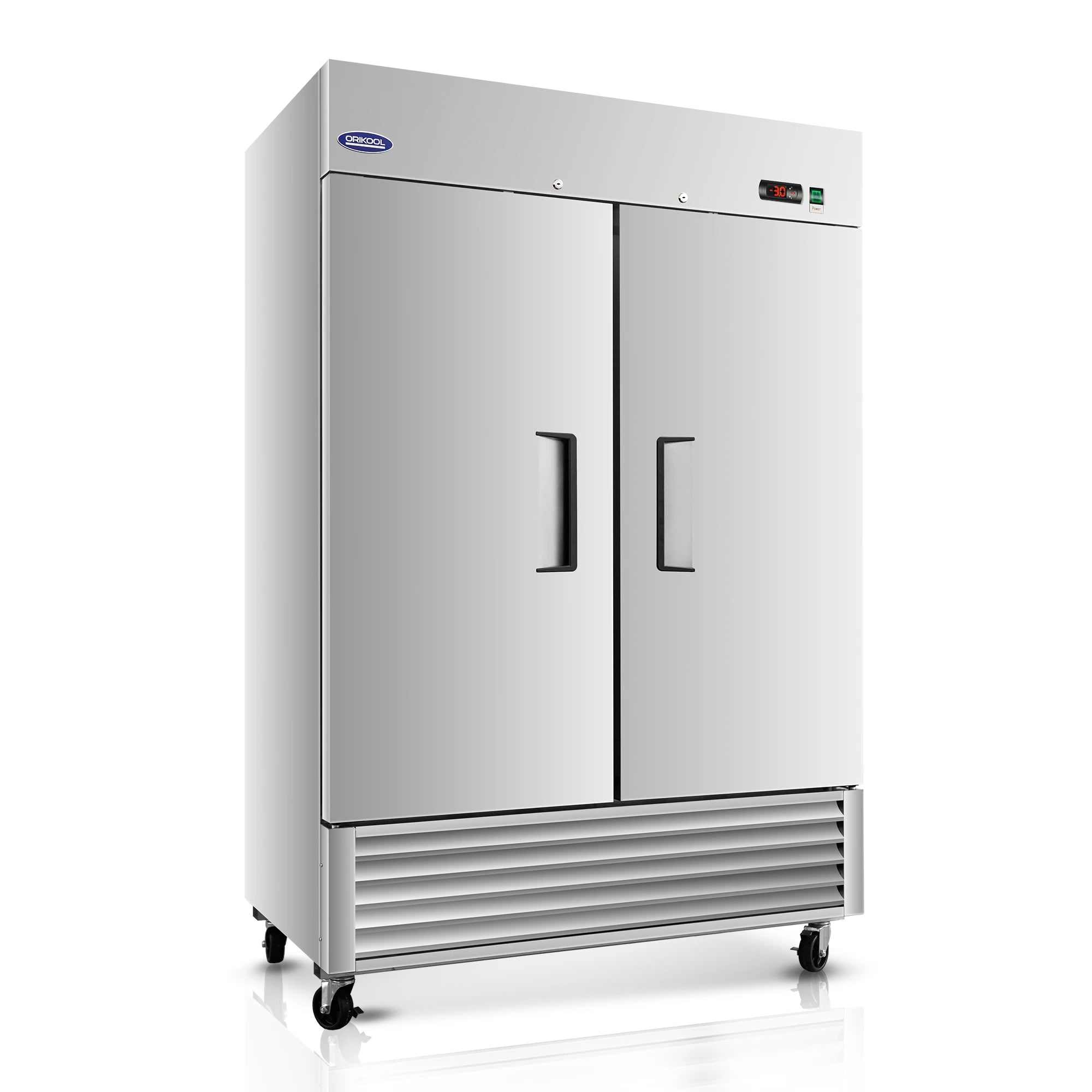 Double door commercial reach-in freezer with stainless steel finish, ideal for restaurant and kitchen use.