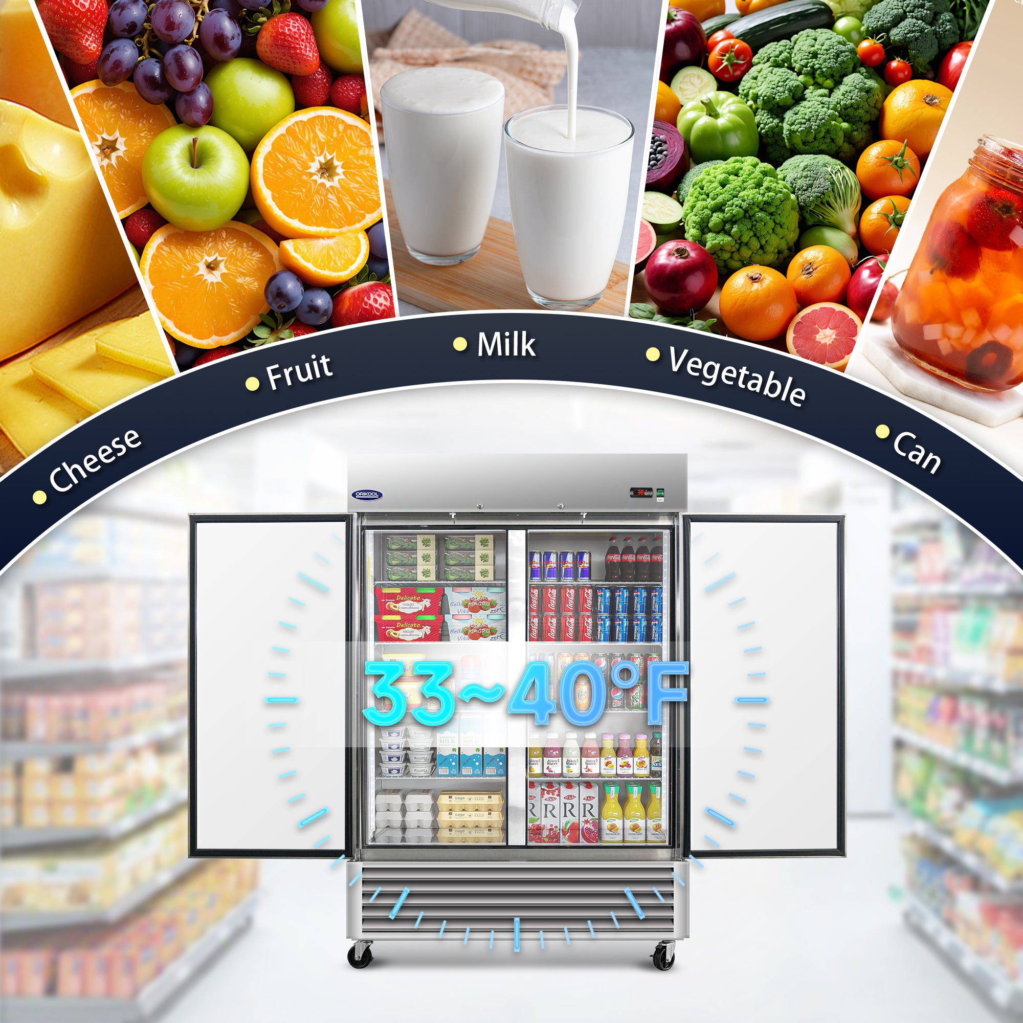 Commercial refrigerator maintains stable temperature between 33 and 40 degrees Fahrenheit to keep food fresh