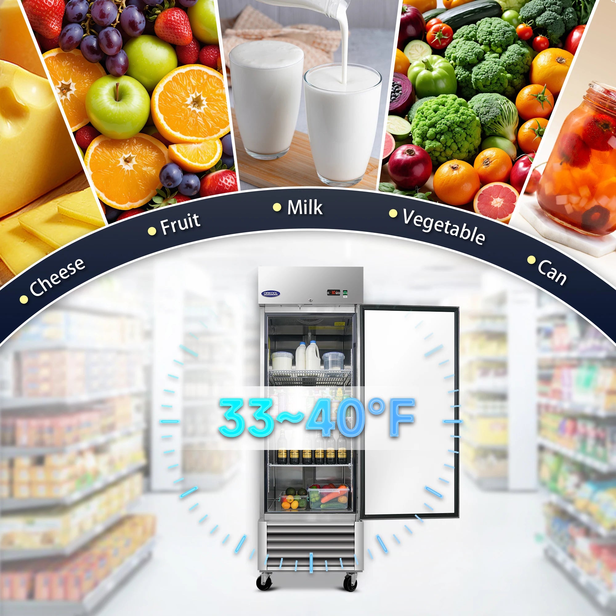 Commercial refrigerator keeps food fresh with stable 33 to 40 degree Fahrenheit temperature range