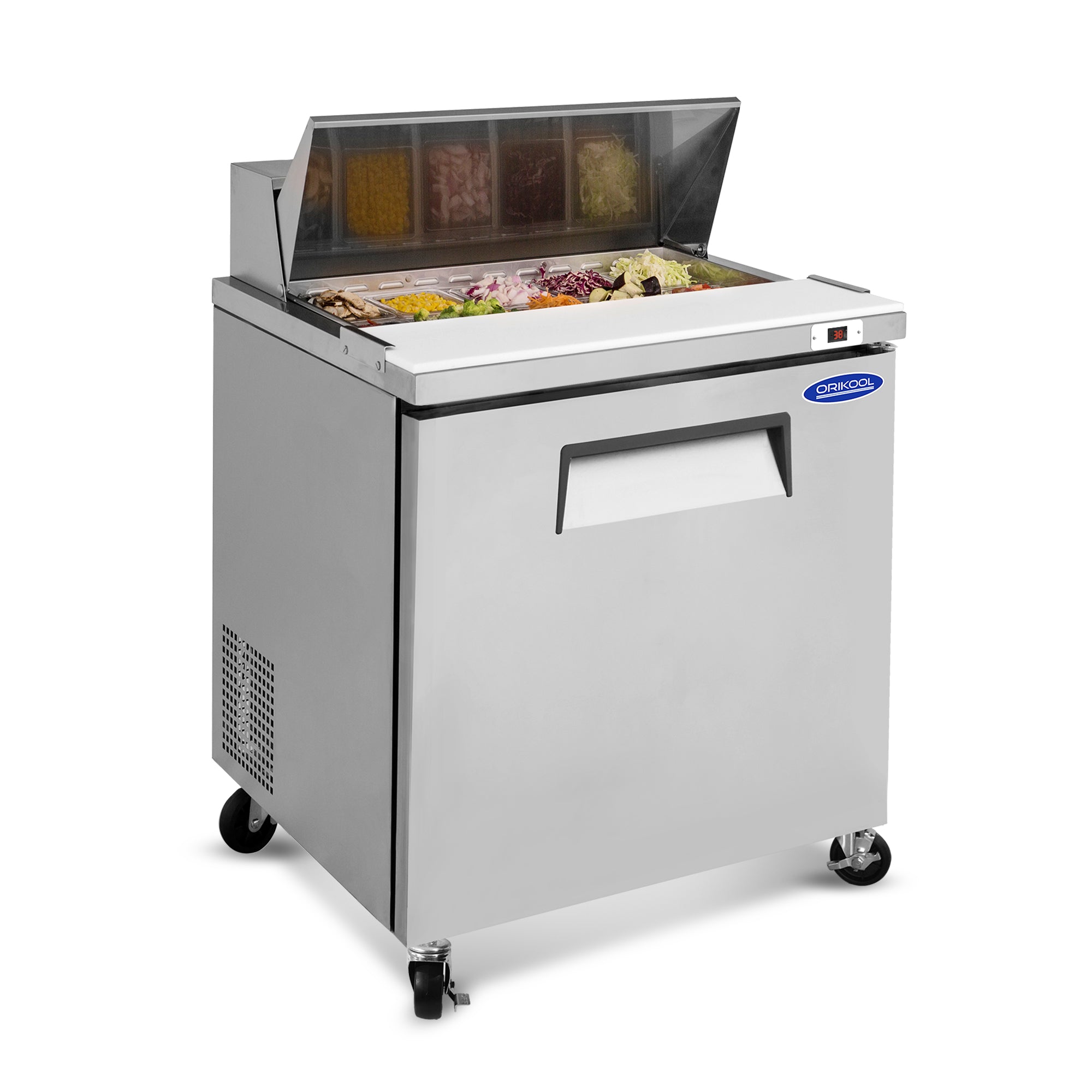 Compact stainless steel refrigerated prep table for sandwiches and salads.