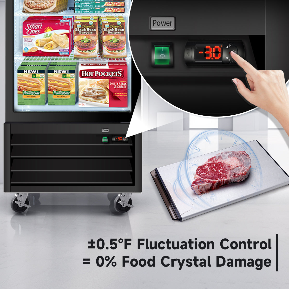 Digital temperature control with ±0.5°F accuracy prevents food crystal damage and ensures freshness.