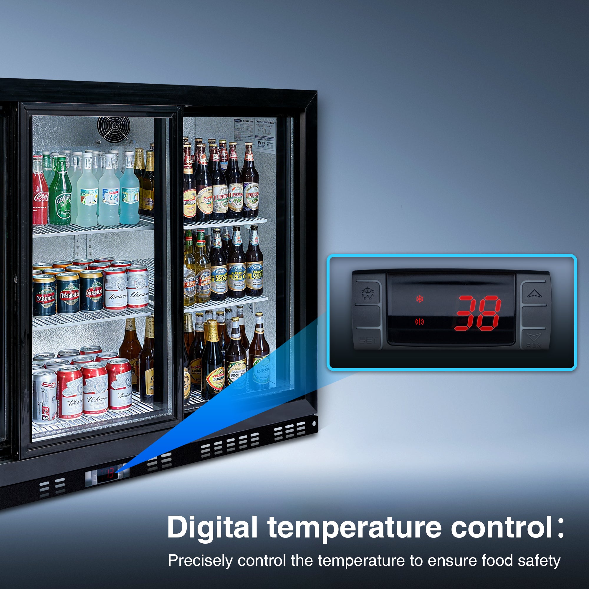 Digital temperature control panel on a beverage cooler allowing precise temperature adjustment for food safety.