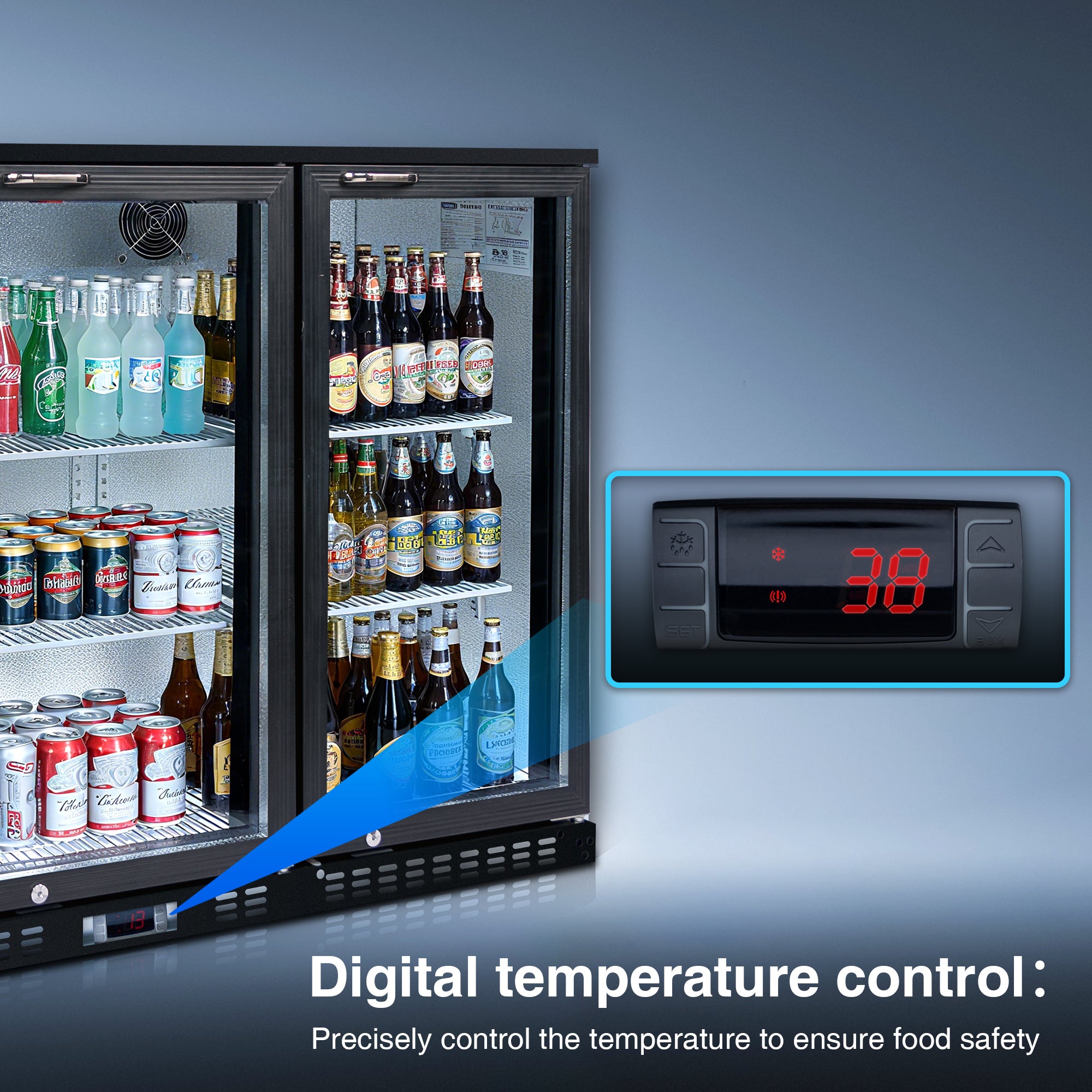 Close-up of digital temperature control panel on a three-door beverage cooler.