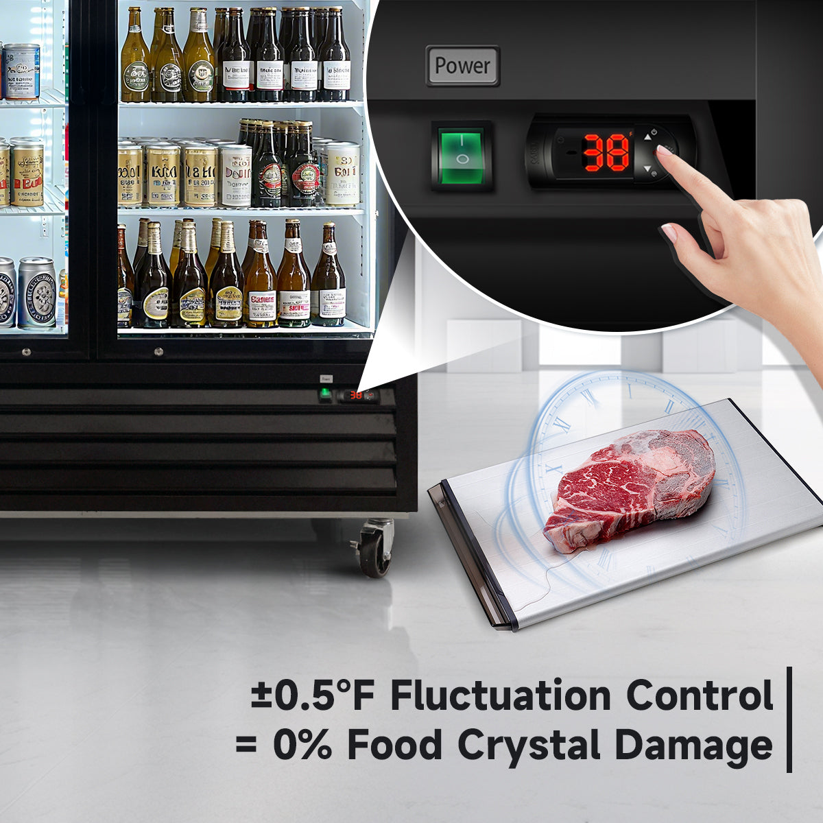 Digital temperature control with ±0.5°F accuracy prevents food crystal damage and ensures freshness.