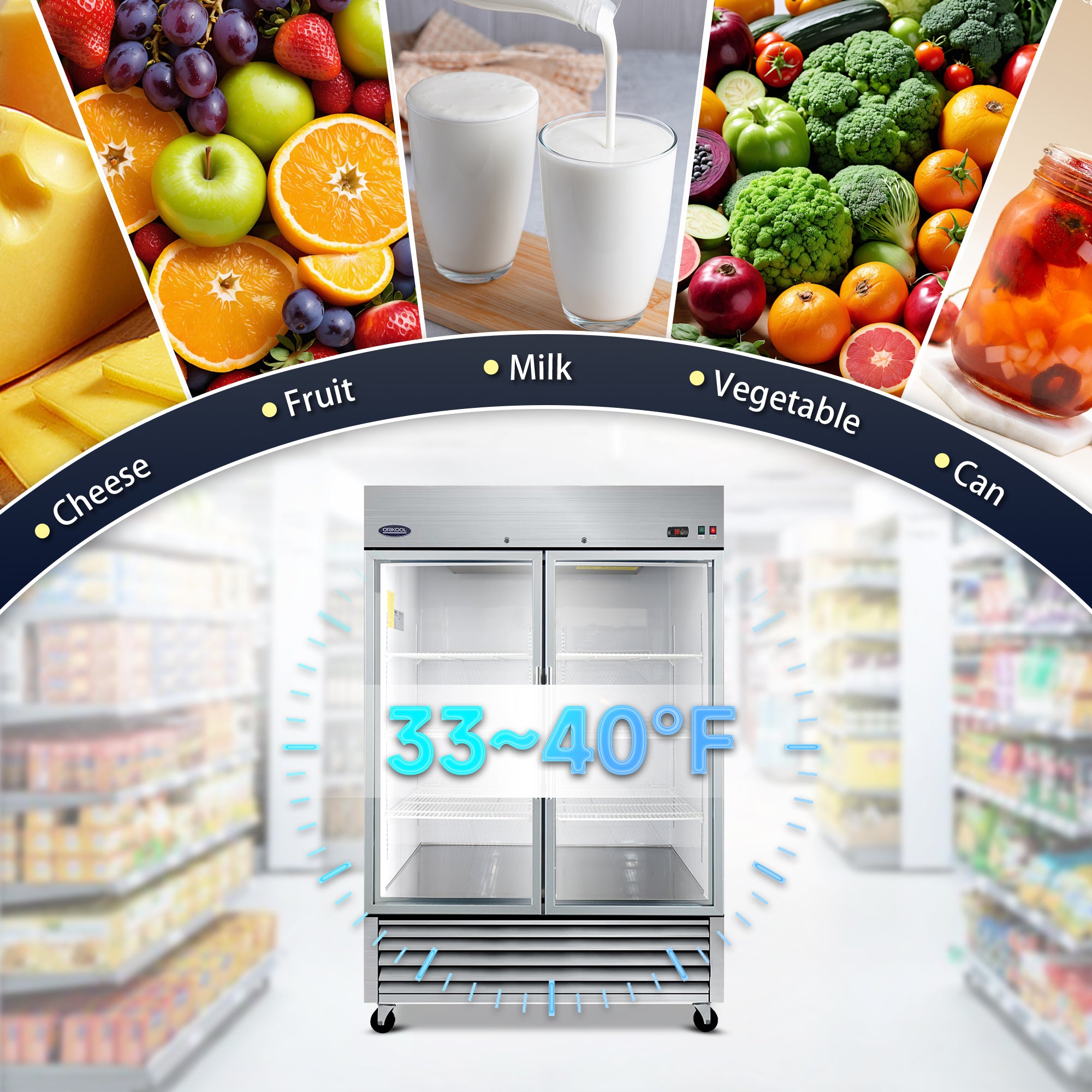 Double door commercial refrigerator with 33–40°F temperature range for storing milk, cheese, fruit, vegetables, and canned food.