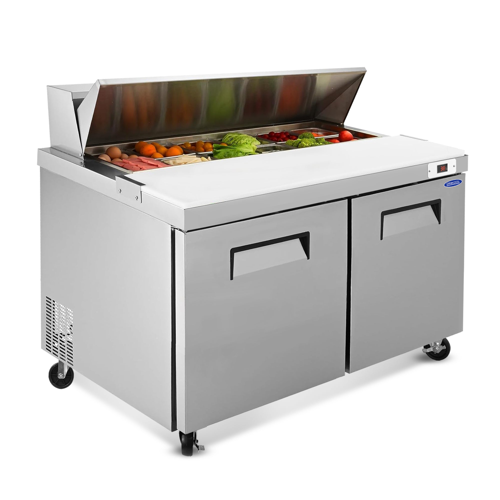 Double-door refrigerated sandwich prep table with stainless steel construction.