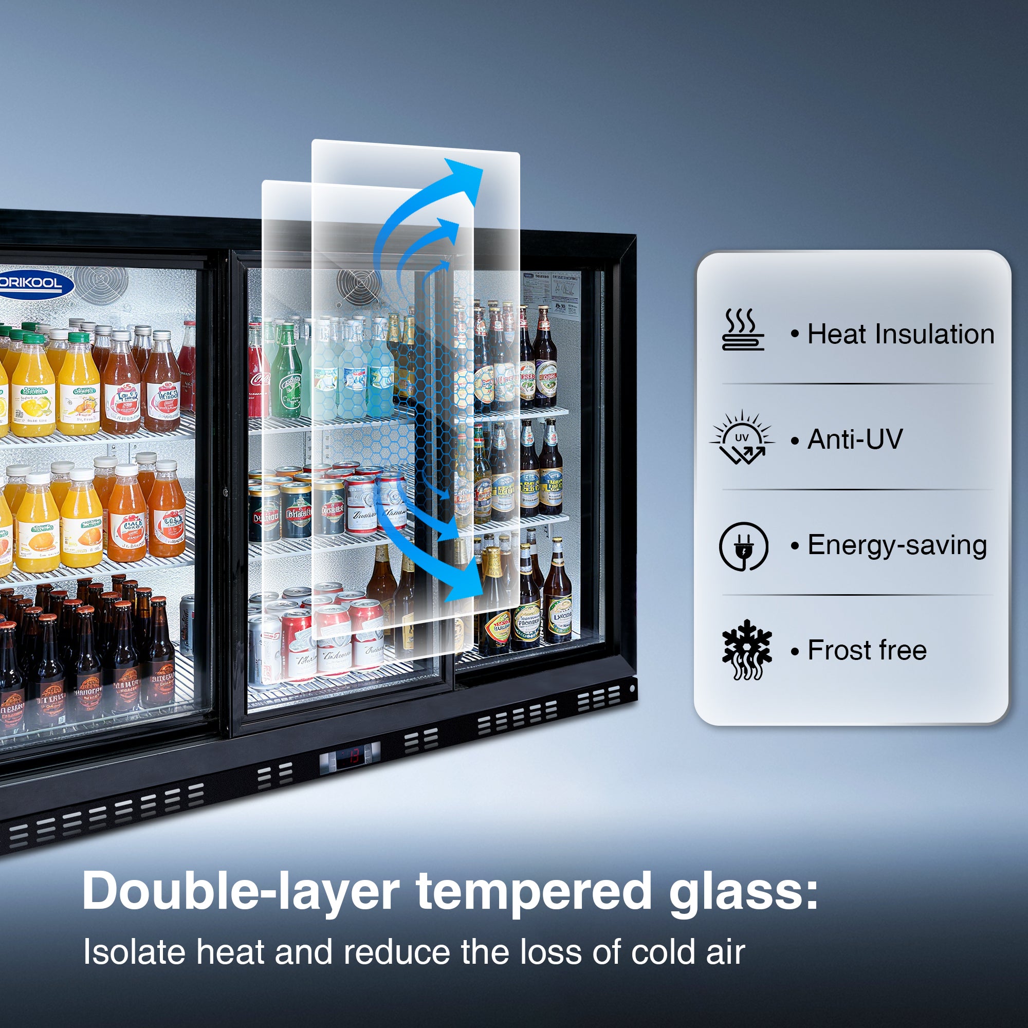 Double-layer tempered glass on a beverage cooler demonstrating heat insulation, UV protection, and energy-saving design.
