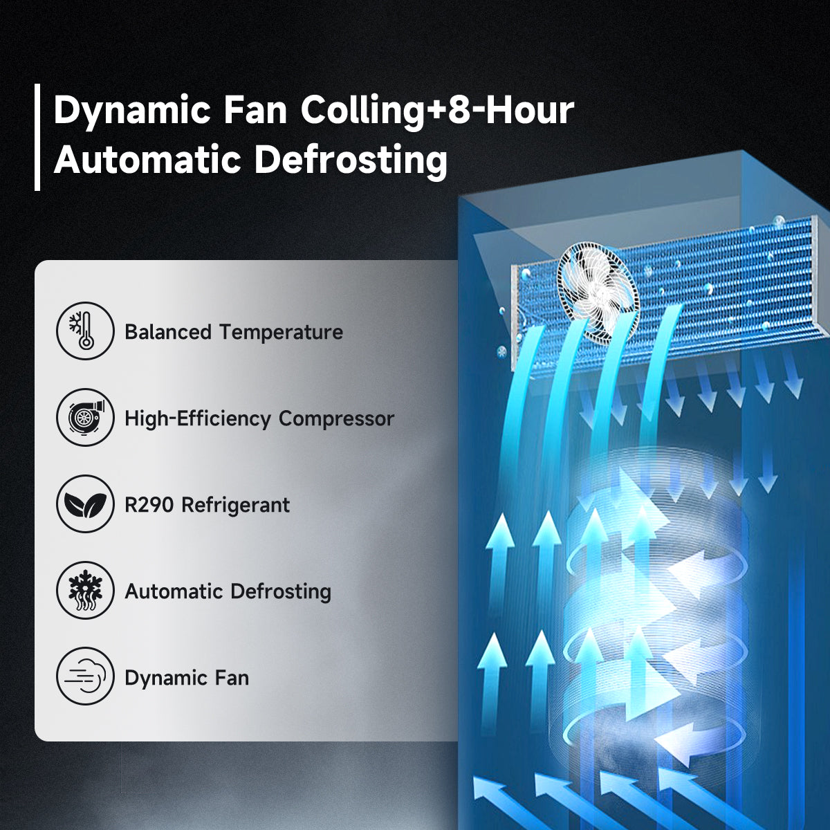 Dynamic fan cooling system with automatic 8-hour defrost, R290 refrigerant, and balanced temperature.