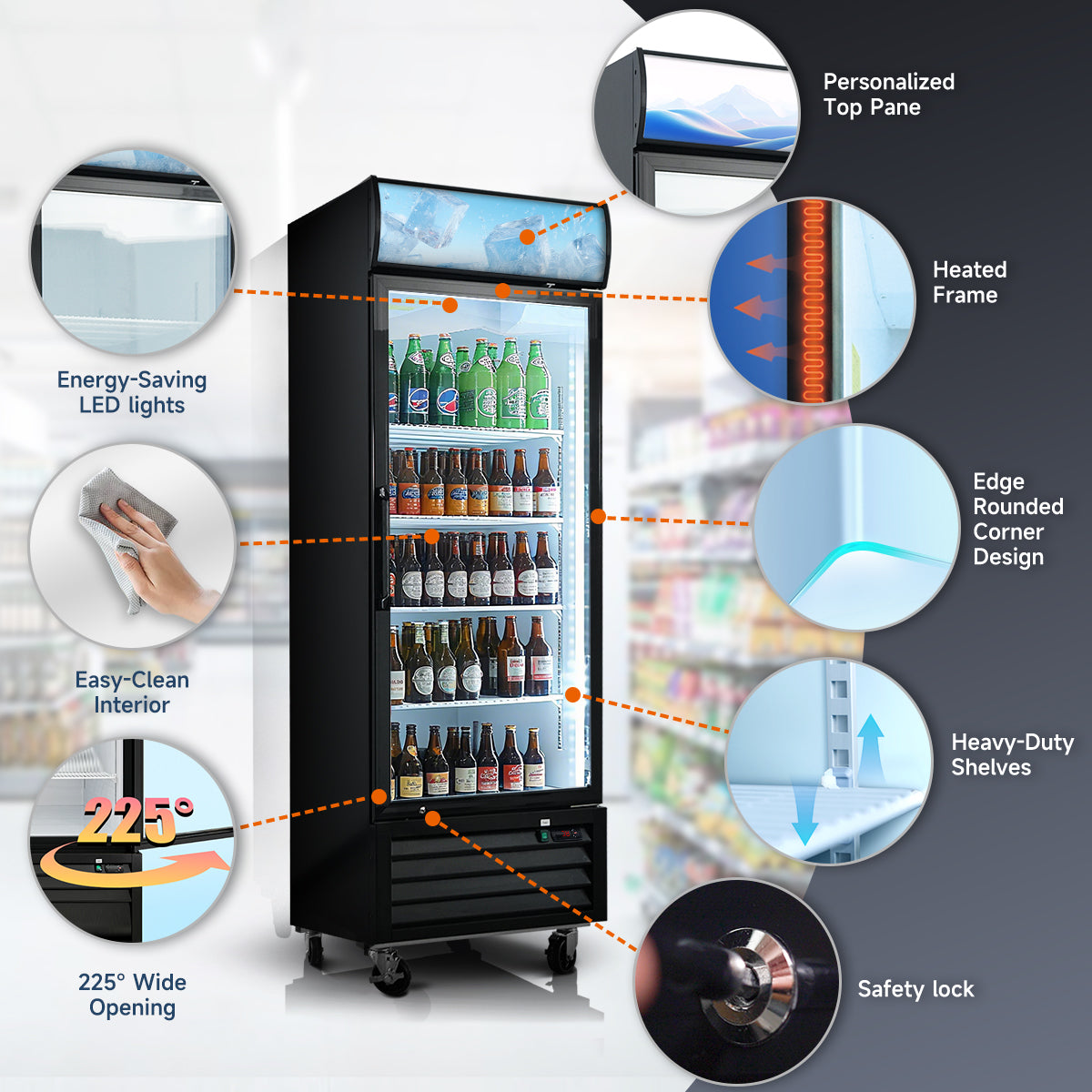 Glass door merchandiser refrigerator showing LED lighting, rounded corners, safety lock, and easy-clean design.