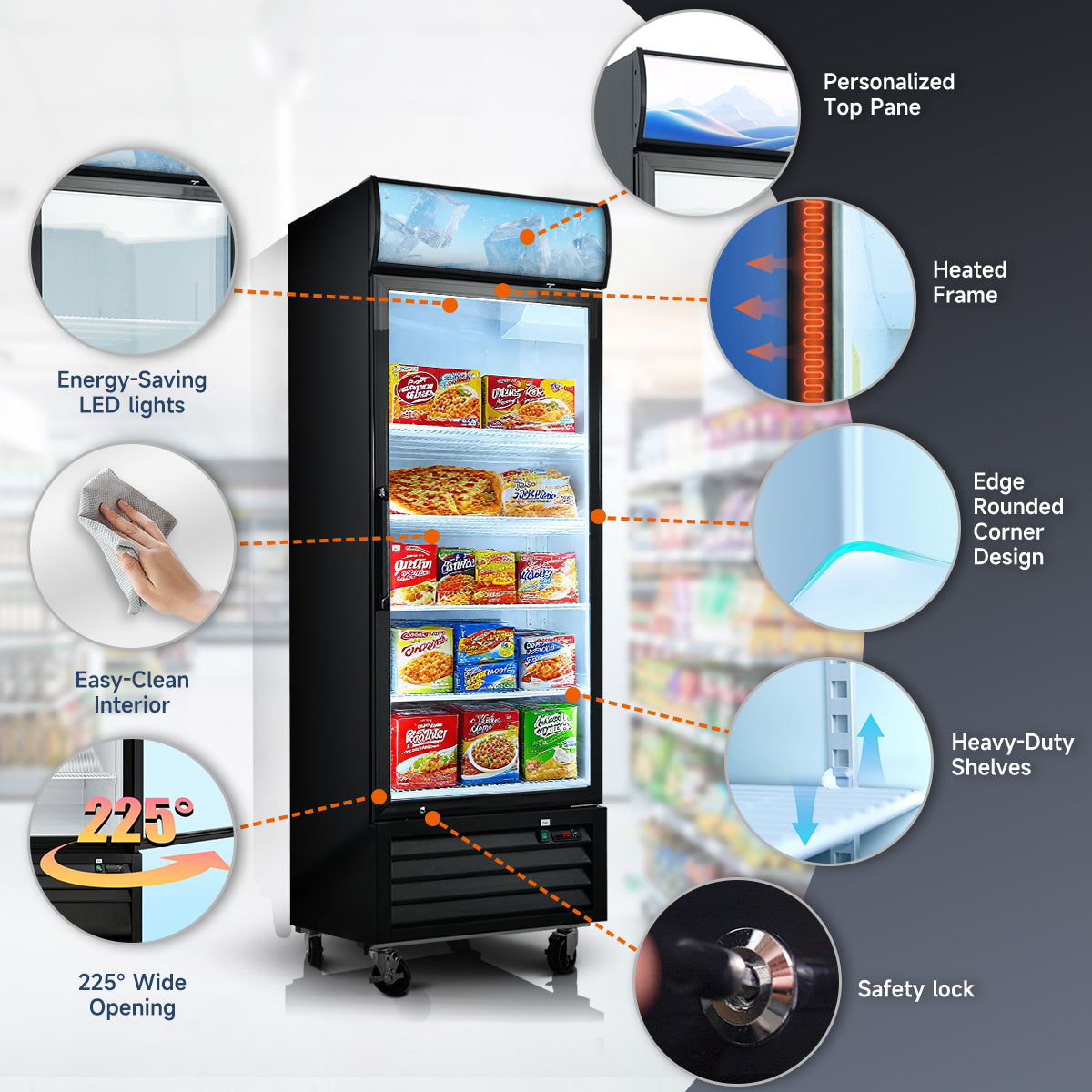 Glass door merchandiser refrigerator showing LED lighting, rounded corners, safety lock, and easy-clean design.