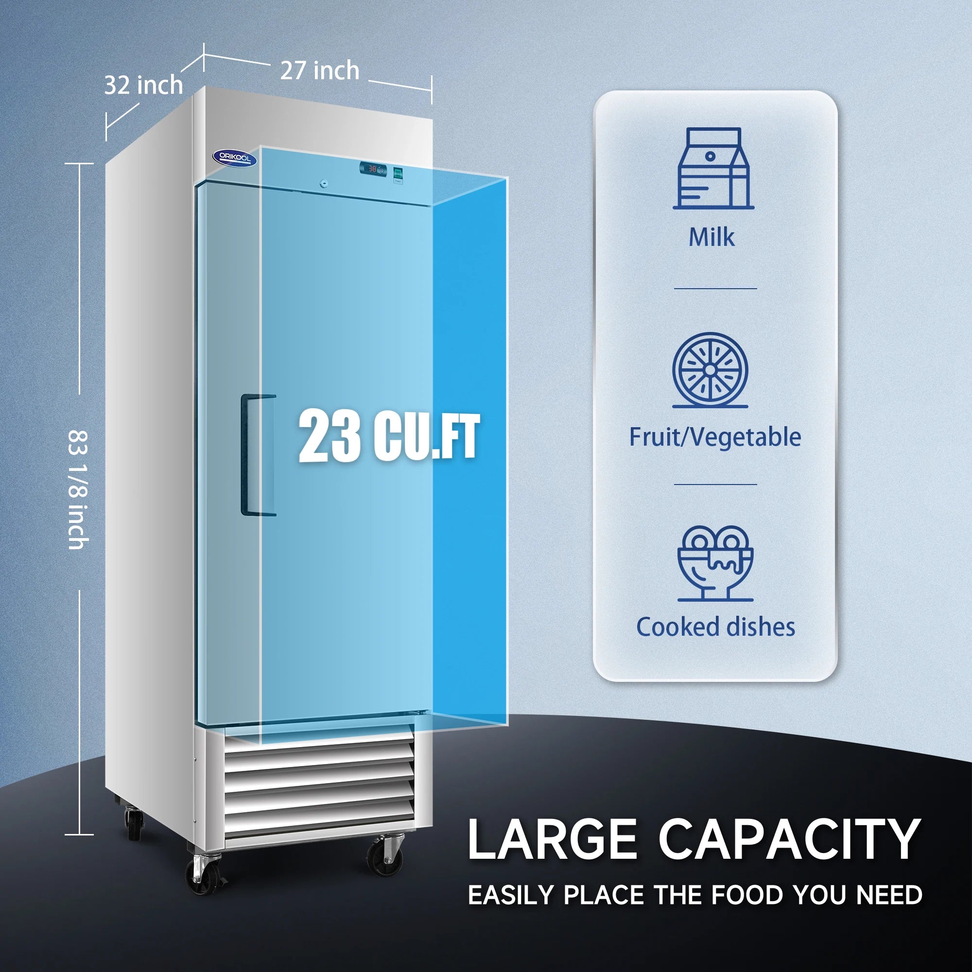Large capacity 23 cu.ft commercial refrigerator ideal for storing milk, fruit, and cooked dishes