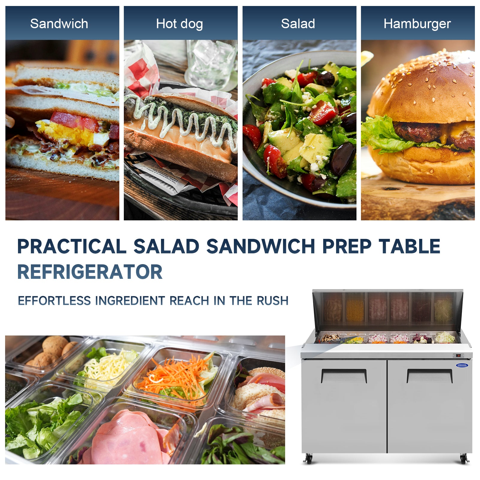 Practical salad and sandwich prep refrigerator for quick ingredient access.