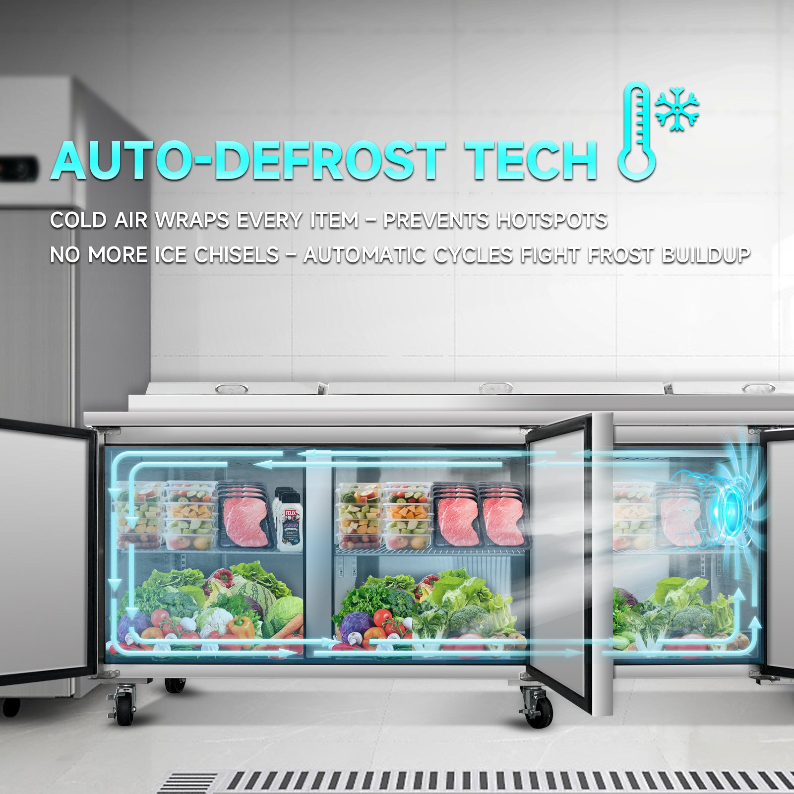 Auto-defrost technology in salad prep table refrigerator prevents frost buildup and maintains consistent cooling performance.