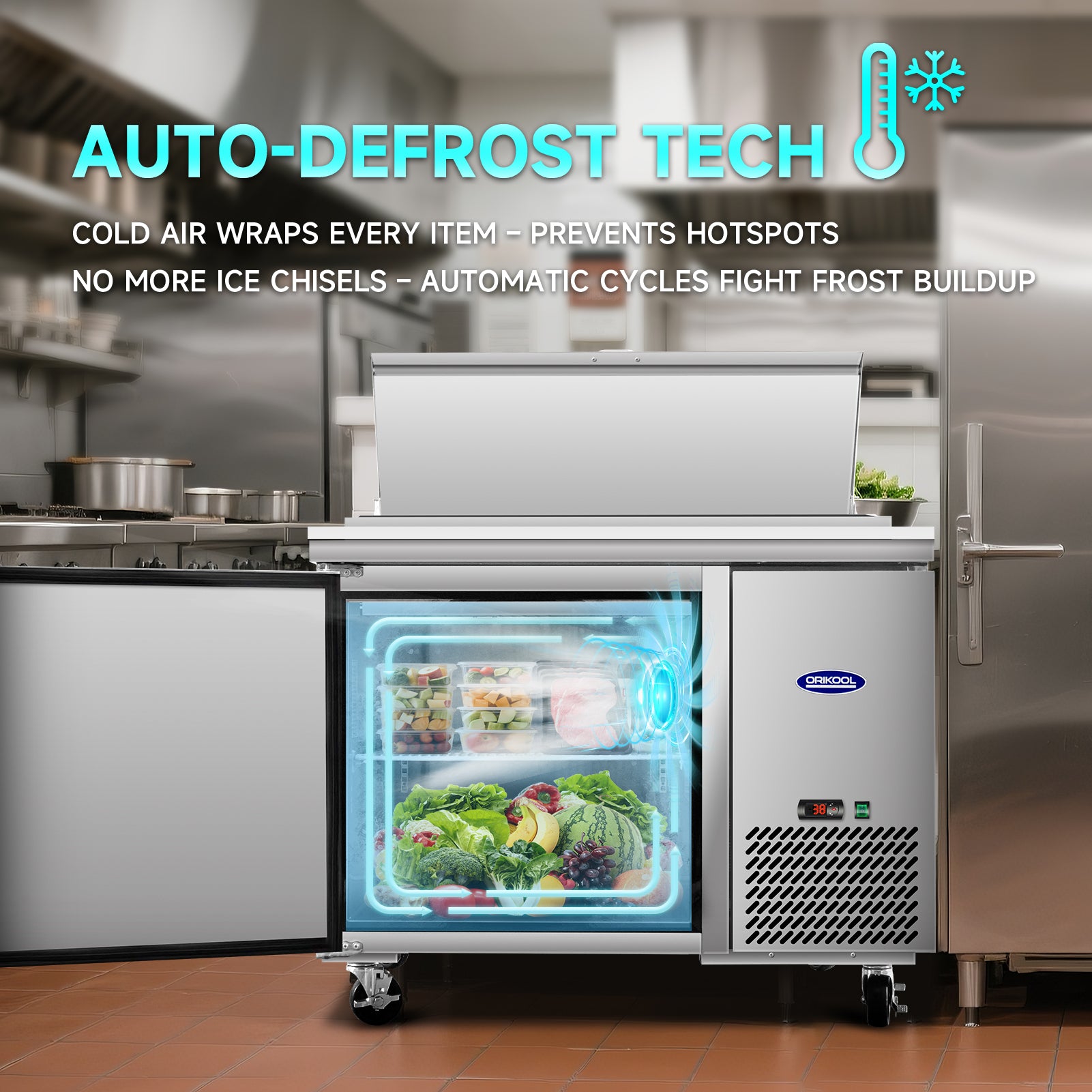 Auto defrost technology in salad prep table refrigerator prevents frost buildup and maintains airflow.