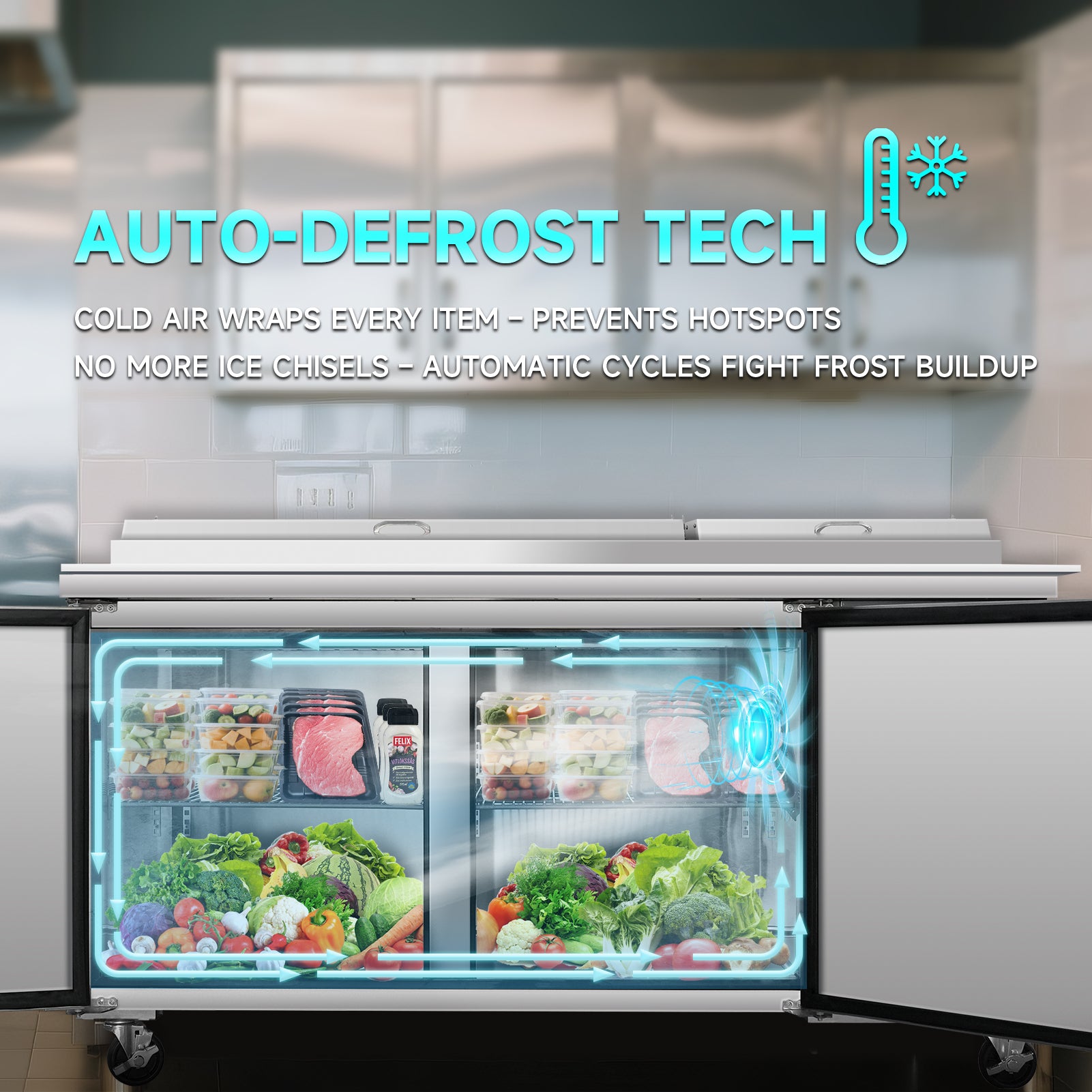 Auto defrost technology in salad prep table refrigerator prevents frost buildup and maintains even cooling.