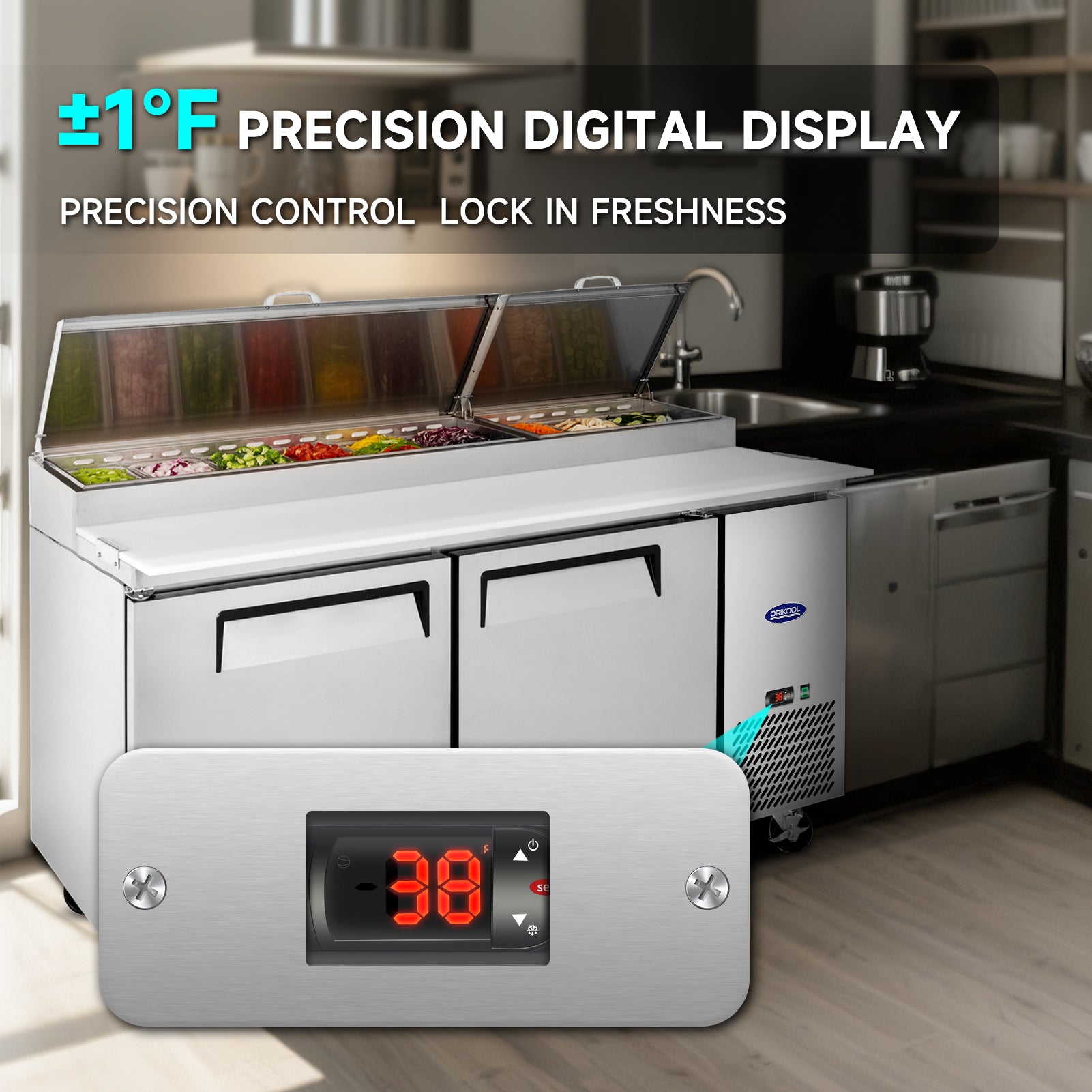 Salad prep table refrigerator with precision digital temperature control ensures ±1°F accuracy and consistent freshness.