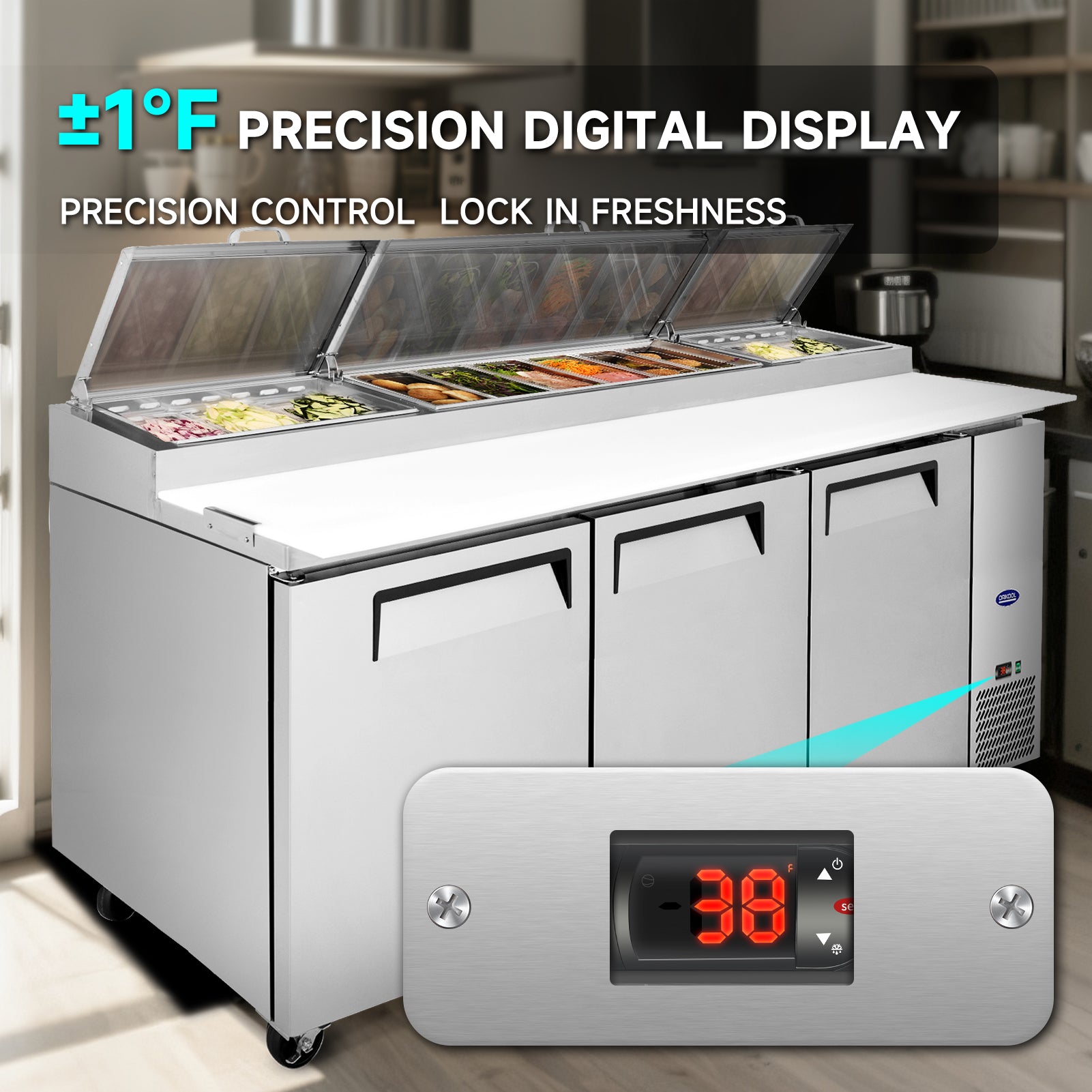 Salad prep table refrigerator with ±1°F precision digital temperature control ensures accurate cooling and food freshness.