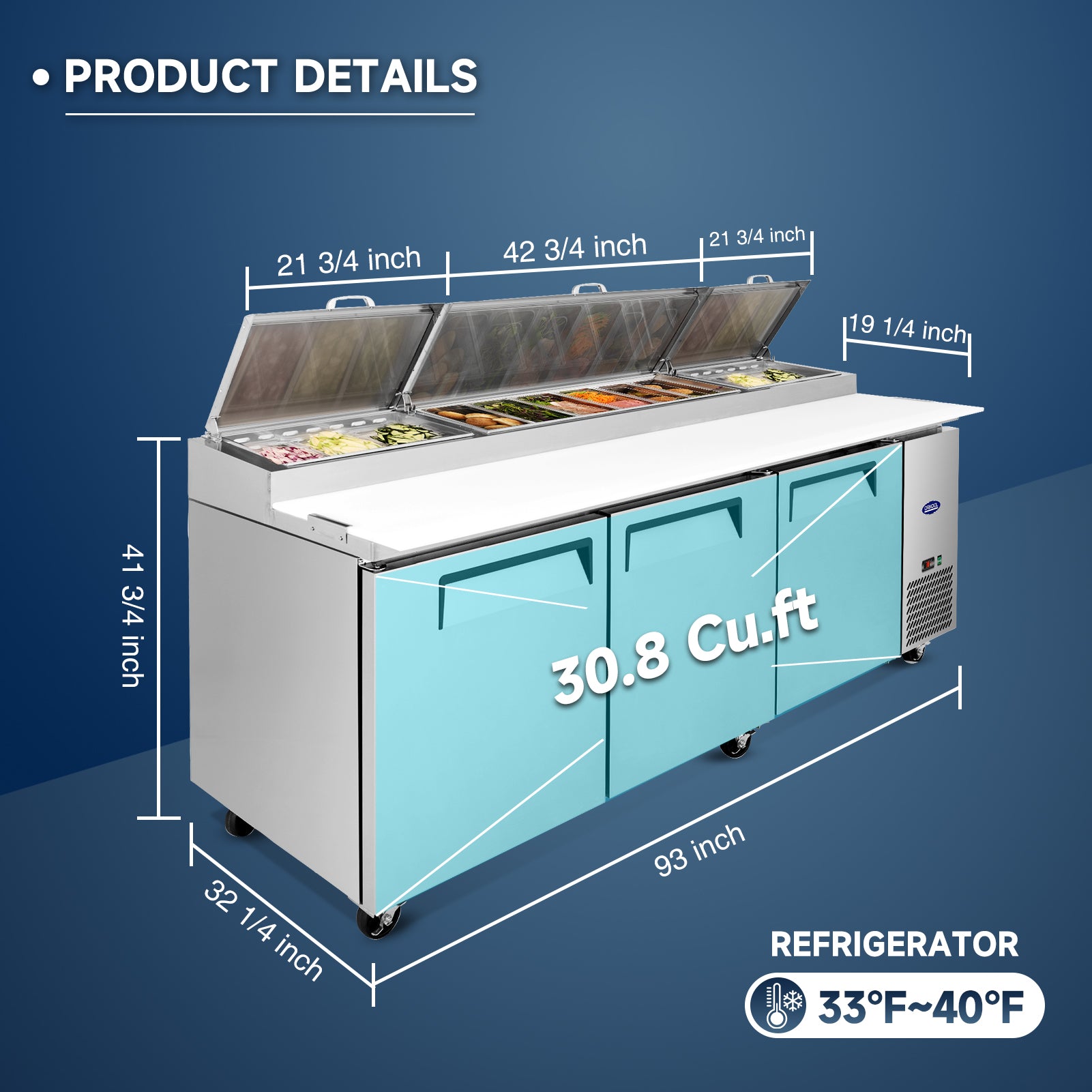 Three-door salad prep table refrigerator with 30.8 cu.ft capacity and detailed product dimensions.