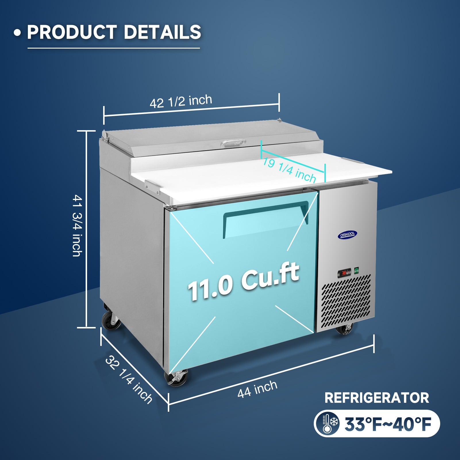 Product dimensions and 11 cu.ft capacity of salad prep table refrigerator with wide workspace.