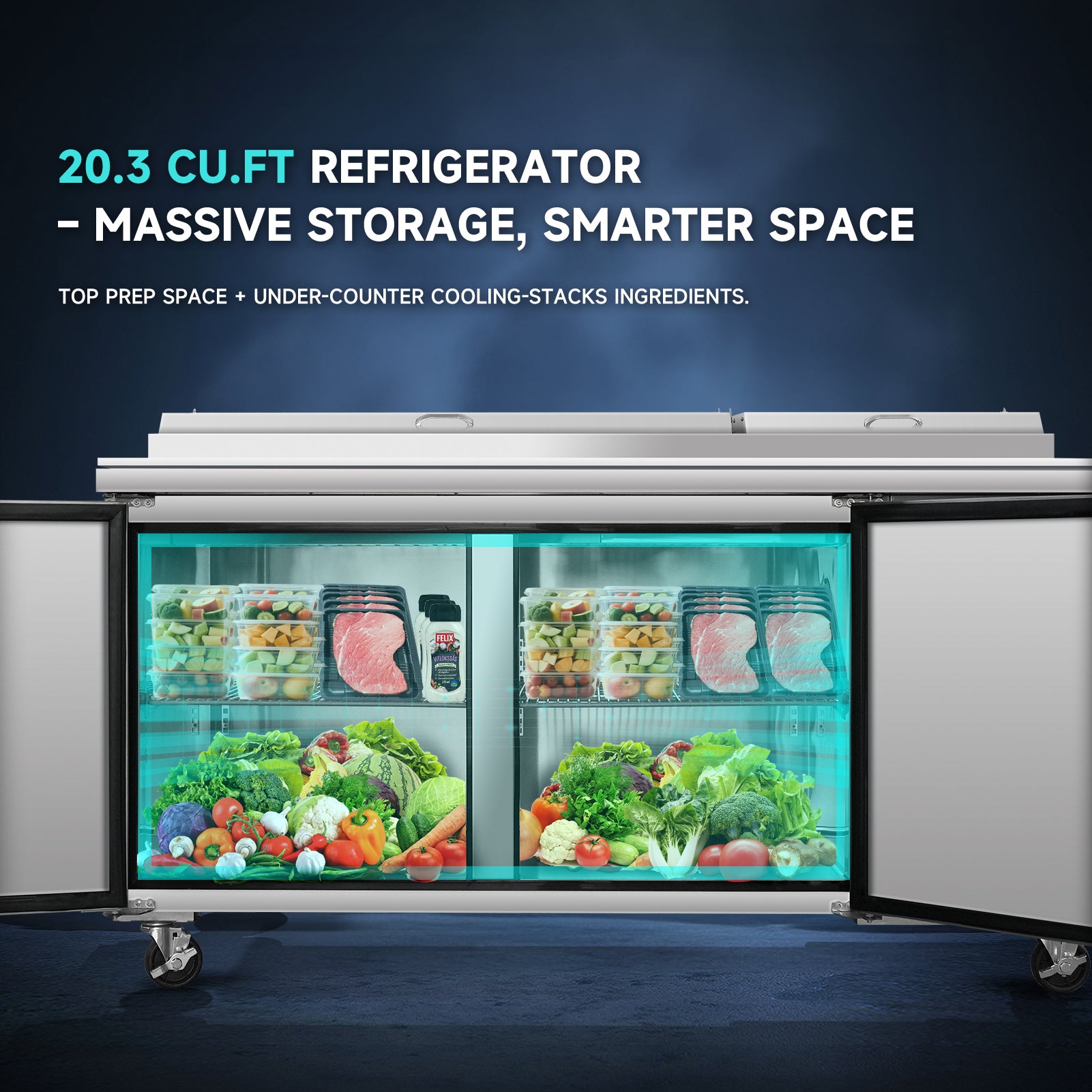 20.3 cu.ft salad prep table refrigerator with top prep area and under-counter storage for efficient ingredient organization.