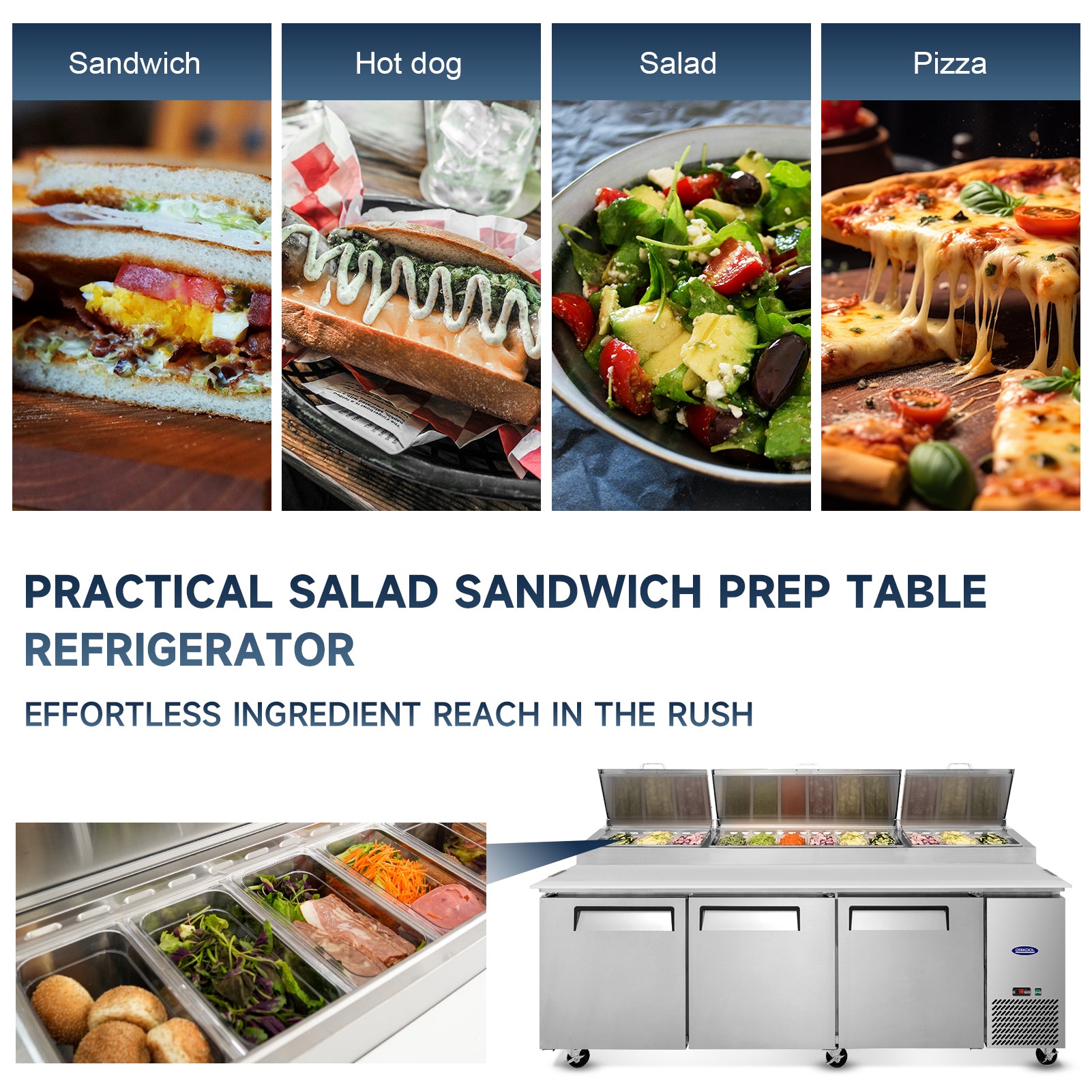 Practical three-door salad sandwich prep table refrigerator suitable for sandwiches, salads, pizzas, and hot dogs.