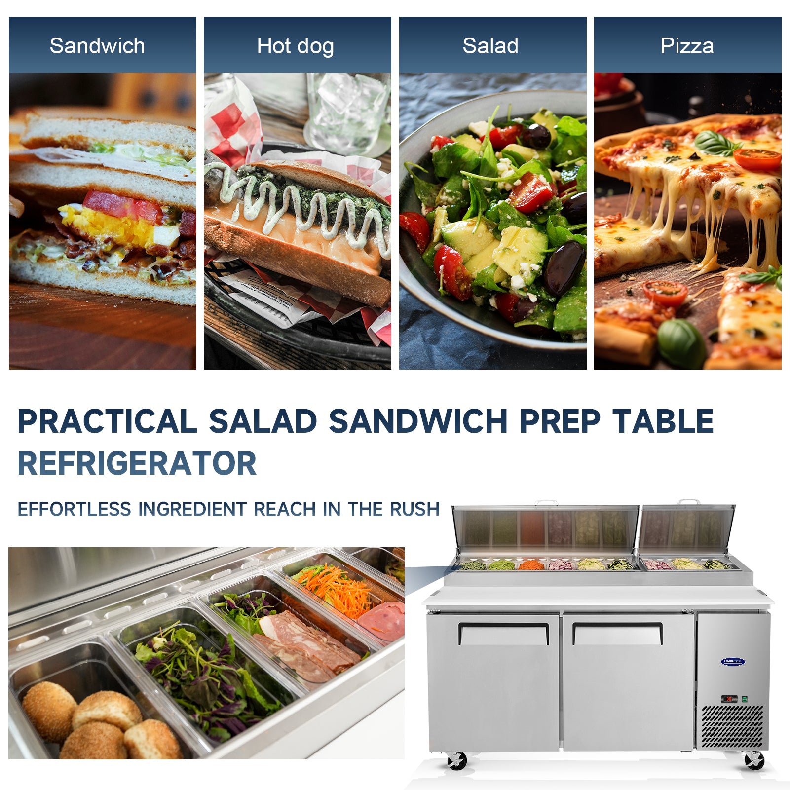 Practical double-door salad sandwich prep table refrigerator ideal for sandwiches, salads, pizzas, and hot dogs.