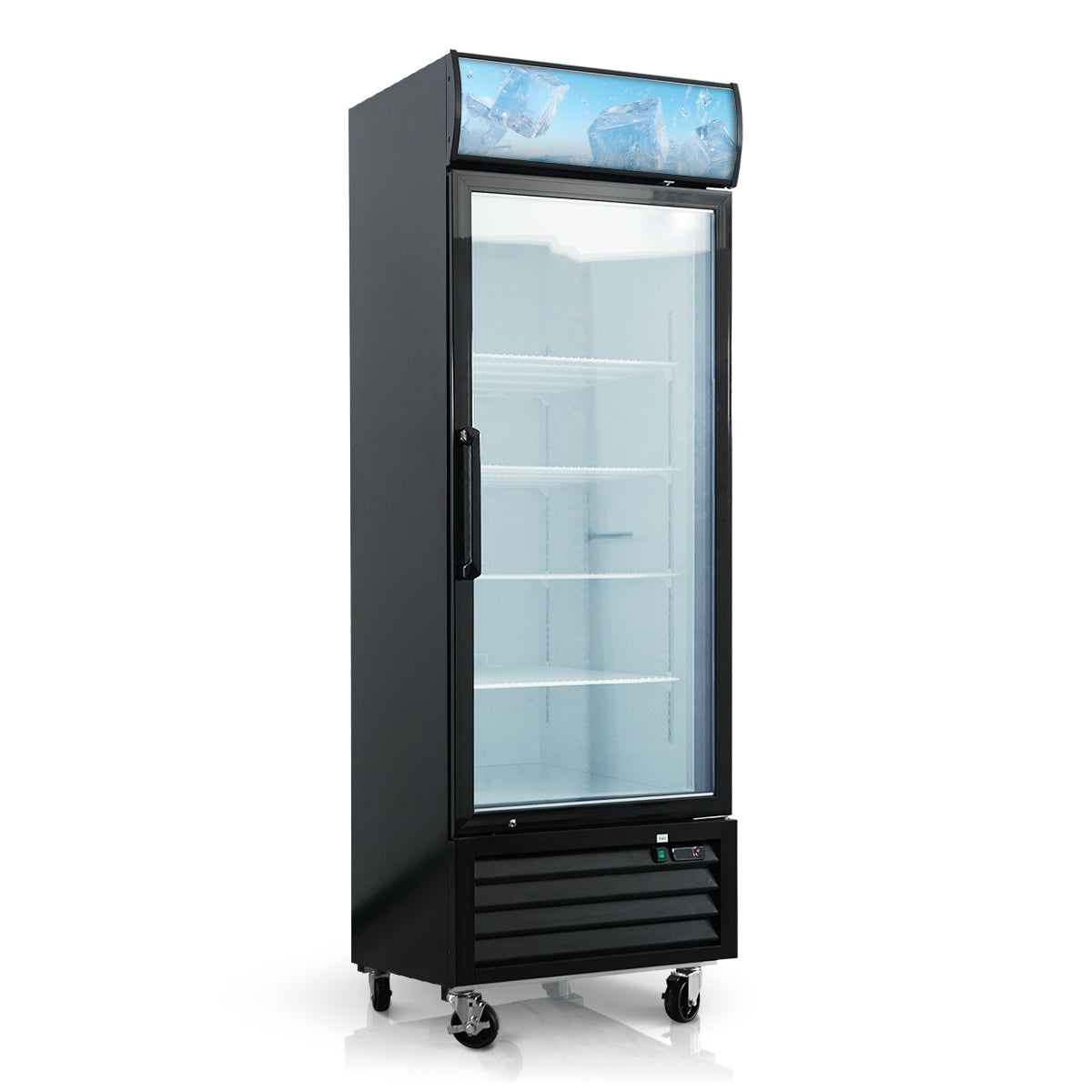 27-inch single glass door merchandiser refrigerator in black with LED top display.